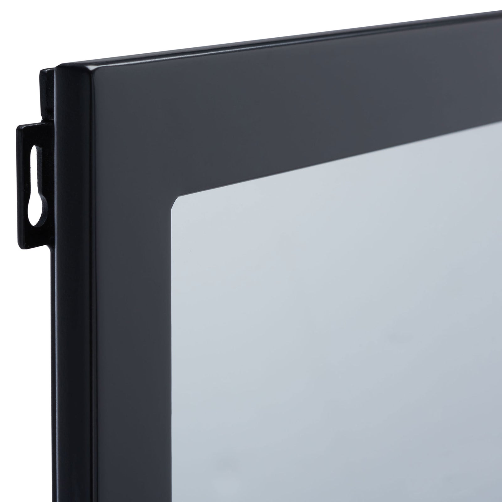 A slim black metal frame features a discreet keyhole tab for wall mounting. || MRR2005C || detail_studio