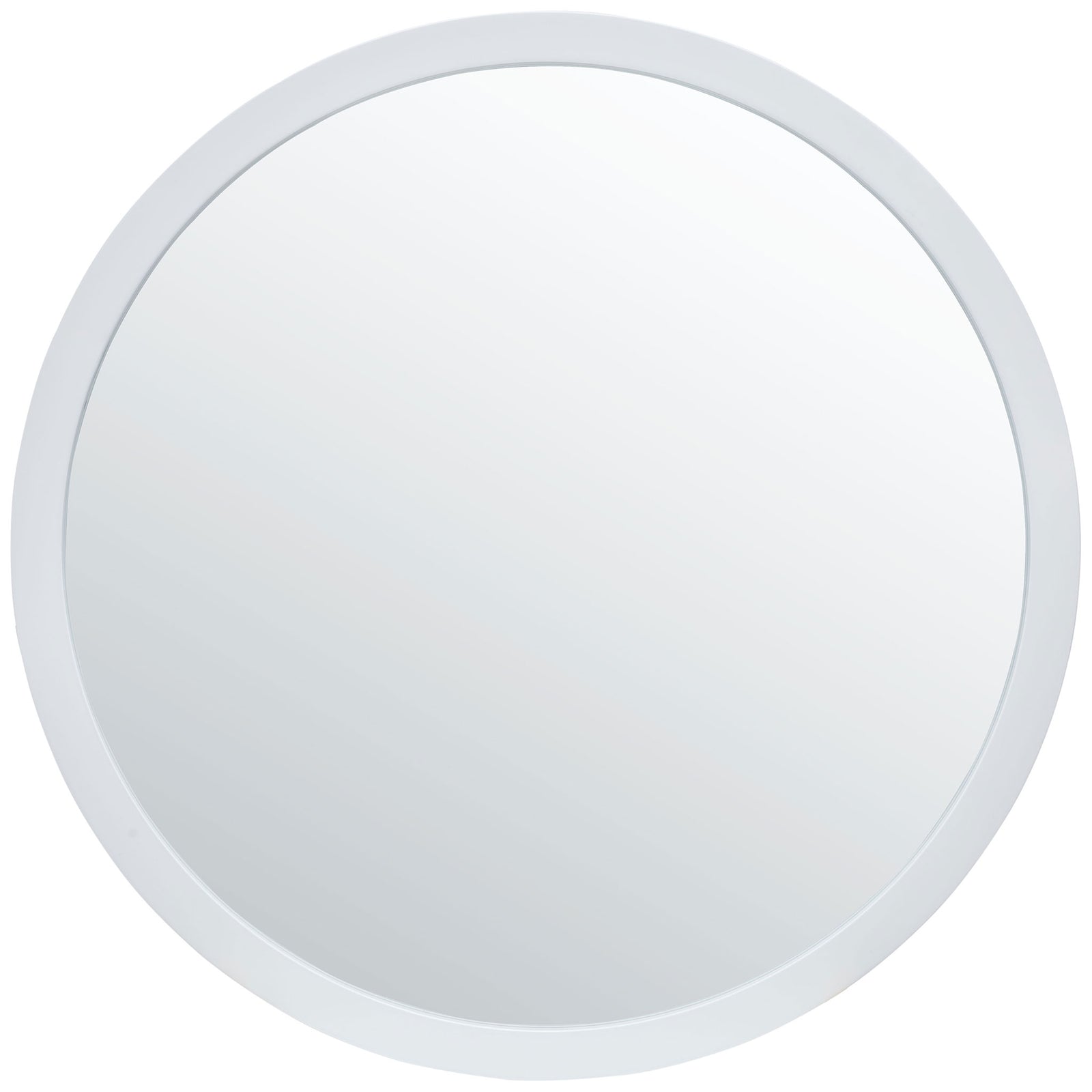 An expansive reflective circle set in a smooth white metal frame brightens any wall || MRR2006A || front_studio