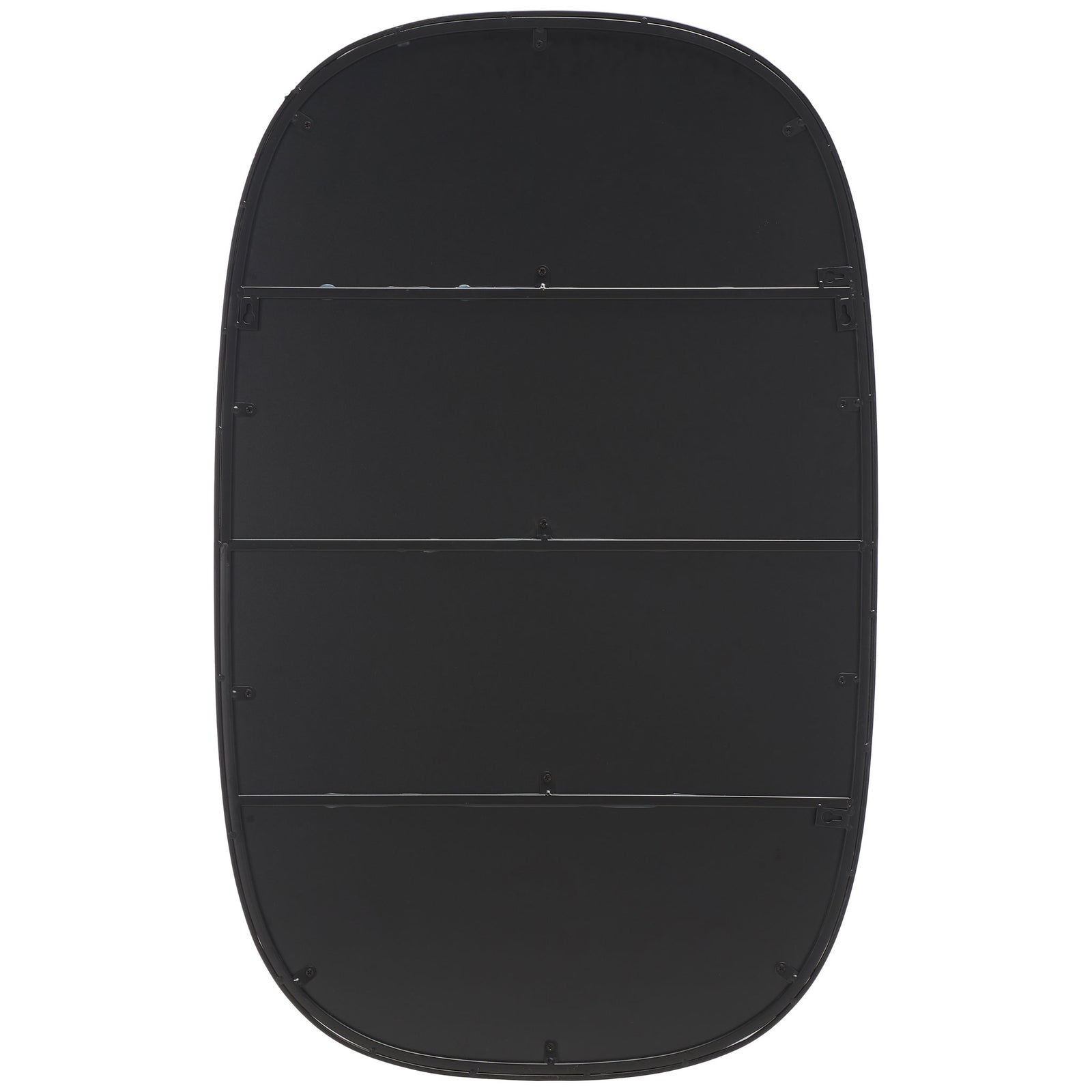 A solid black backing and horizontal braces complement the mirror's softly rounded silhouette || MRR2007B || back_studio