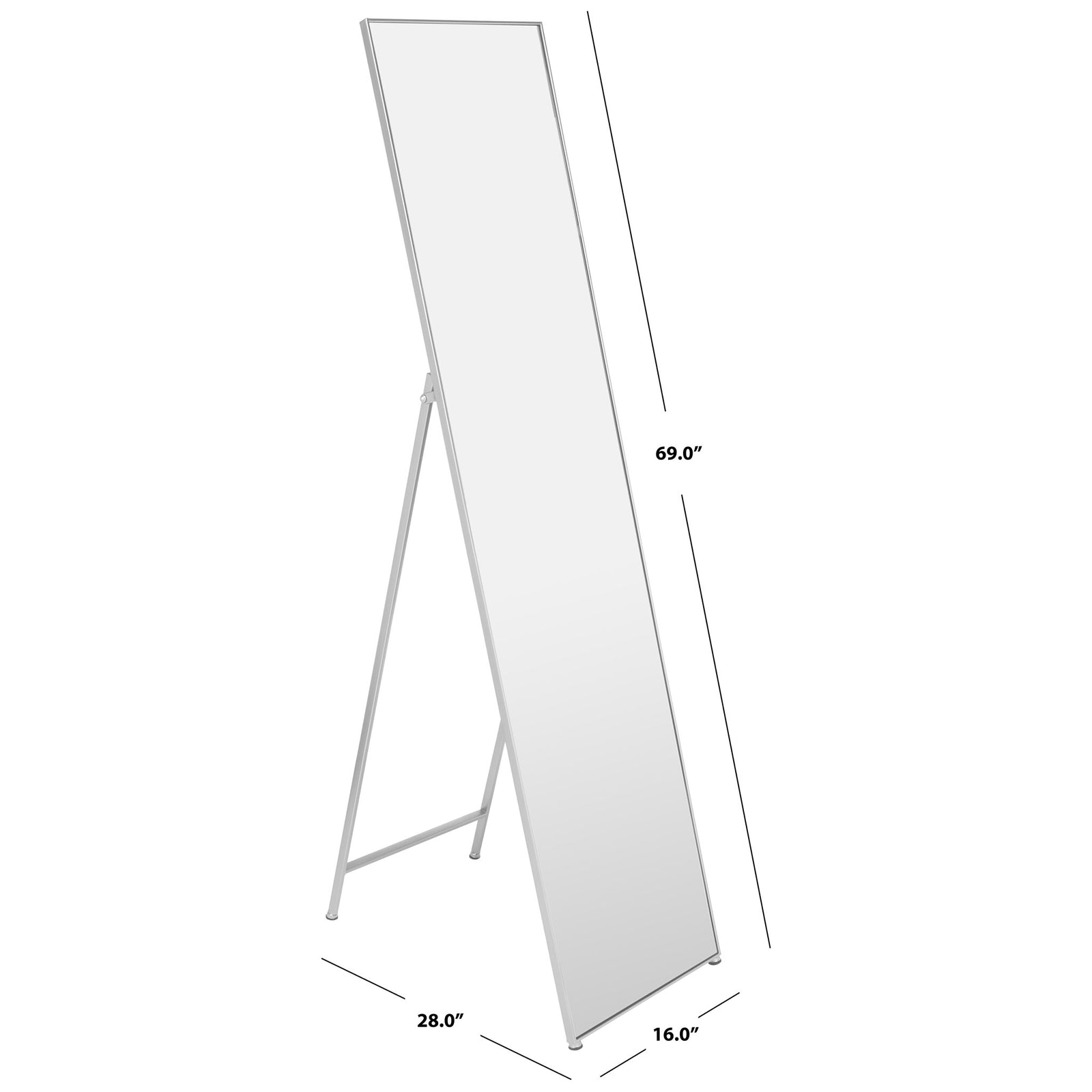 This silver-framed floor mirror stands 69 inches high with a 16-inch width and 28-inch depth || MRR2008B || dimension_studio
