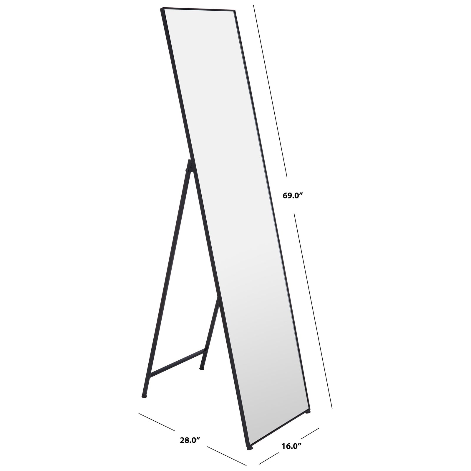 This black-framed floor mirror stands 69 inches high with a 16-inch width and 28-inch depth || MRR2008C || dimension_studio