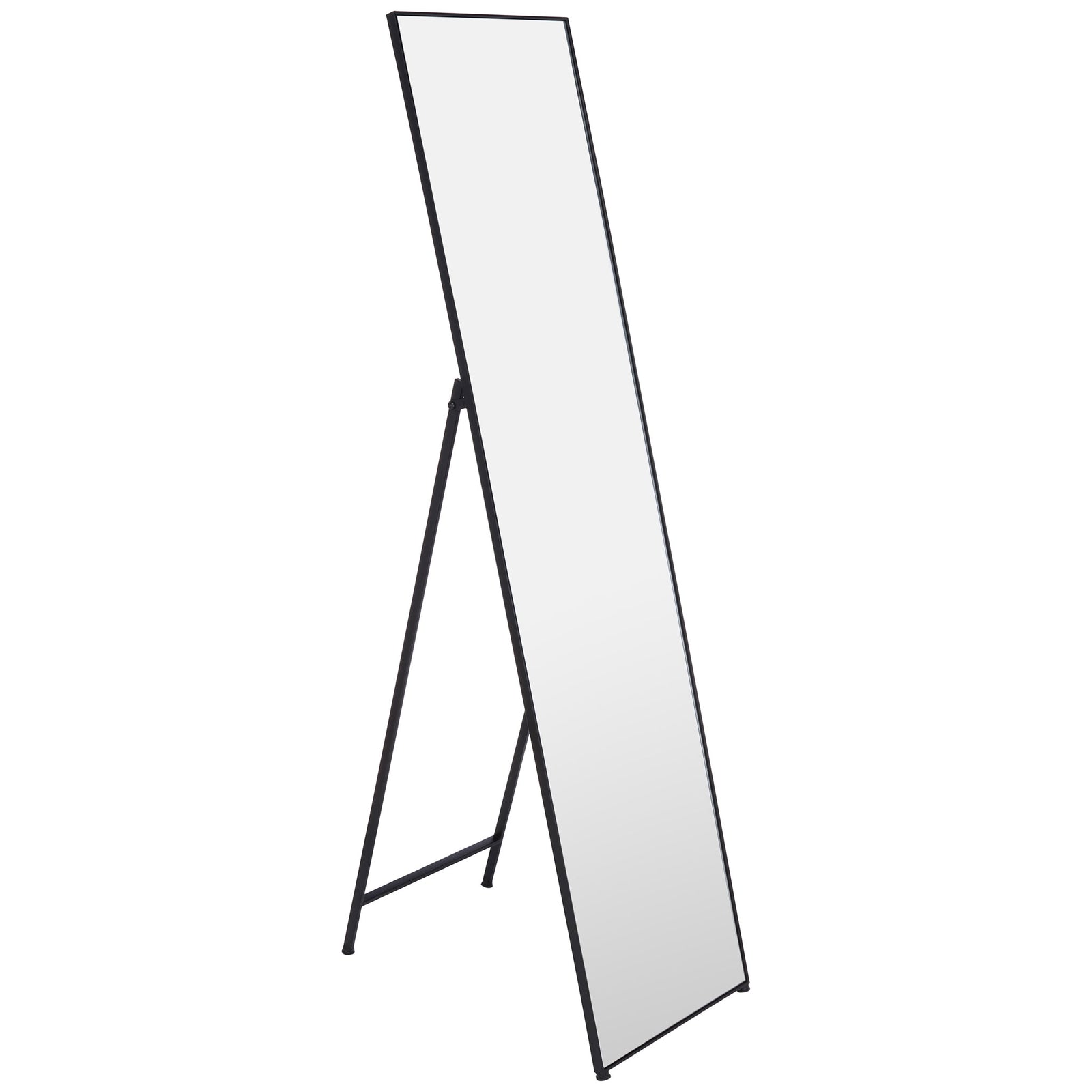 A black metal floor mirror pairs a tall reflective panel with a freestanding rear support || MRR2008C || front_angle_studio