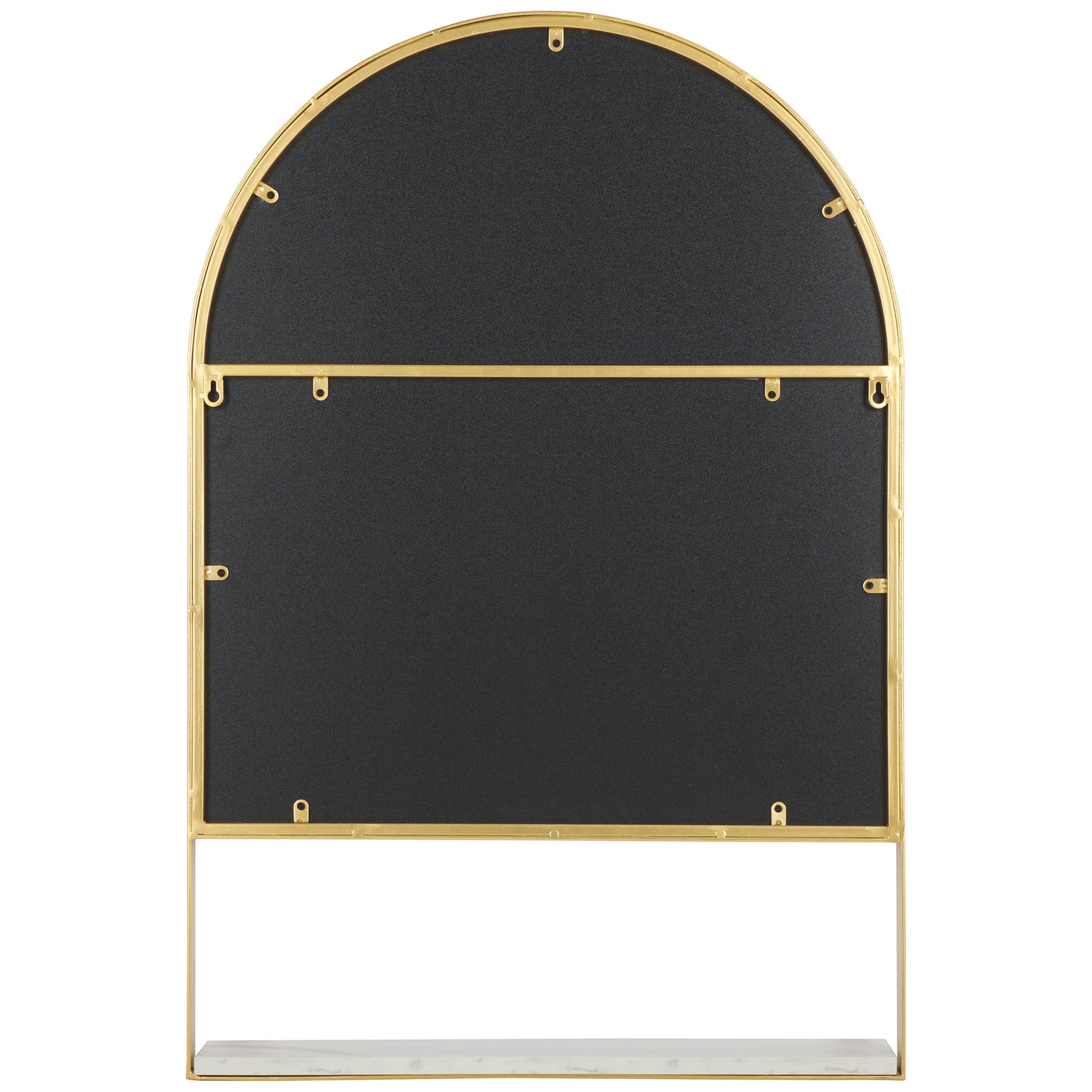 The arched mirror has a dark backing with brass-toned mounting points above its white shelf. || MRR2009A || back_studio