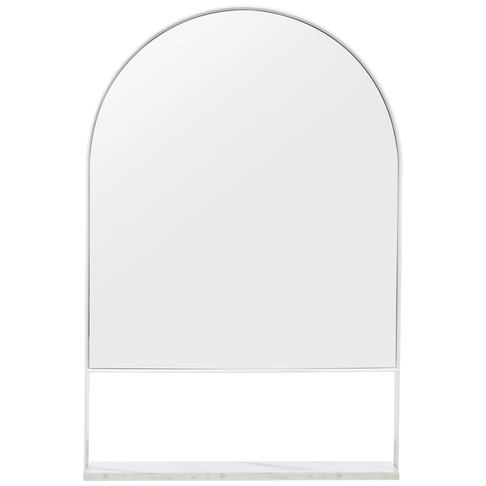 A streamlined white frame outlines the arched mirror, with a pale veined shelf below. || MRR2009B || front_studio