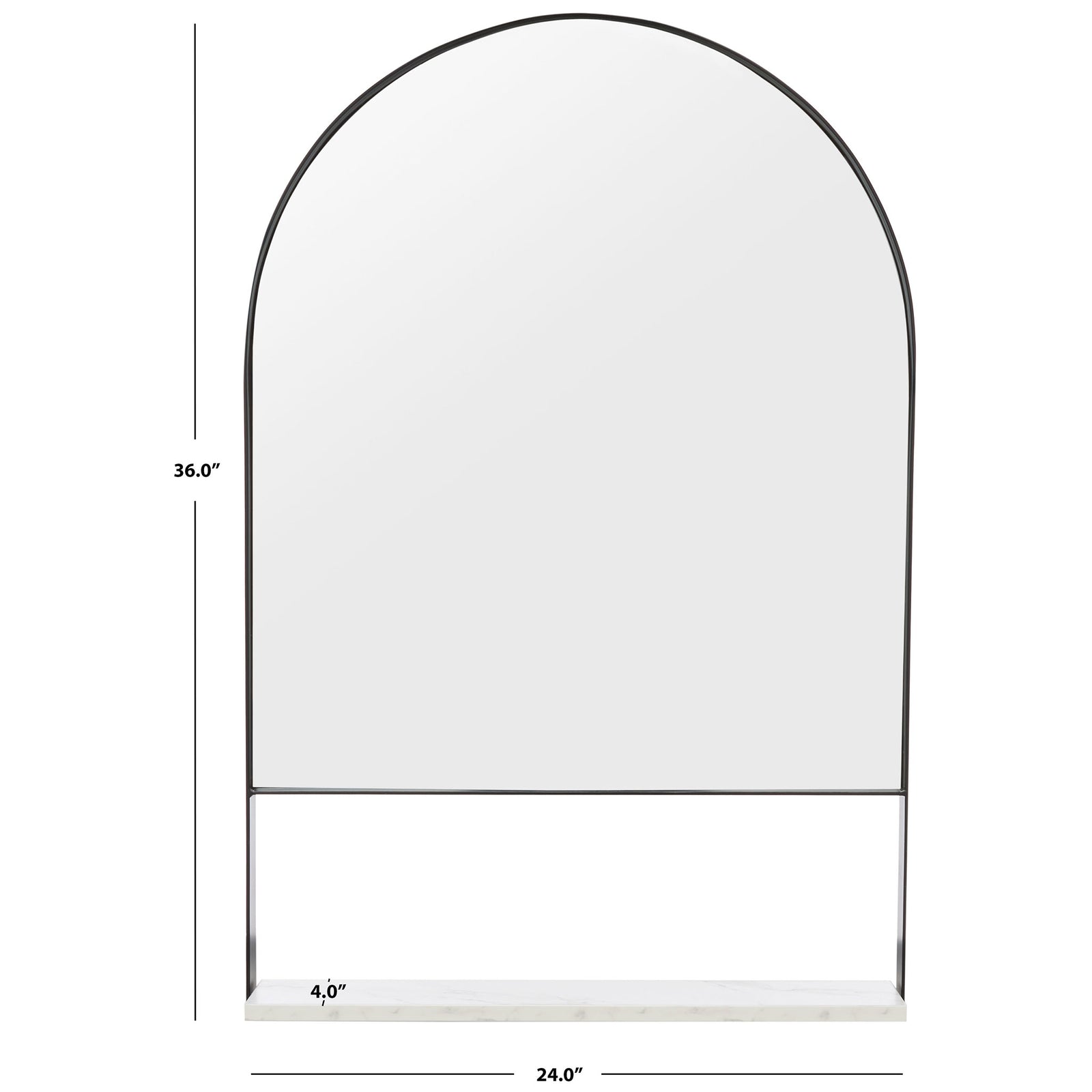 The black-framed arched mirror measures 24 inches wide, 36 inches high, and 4 inches deep. || MRR2009C || dimension_studio