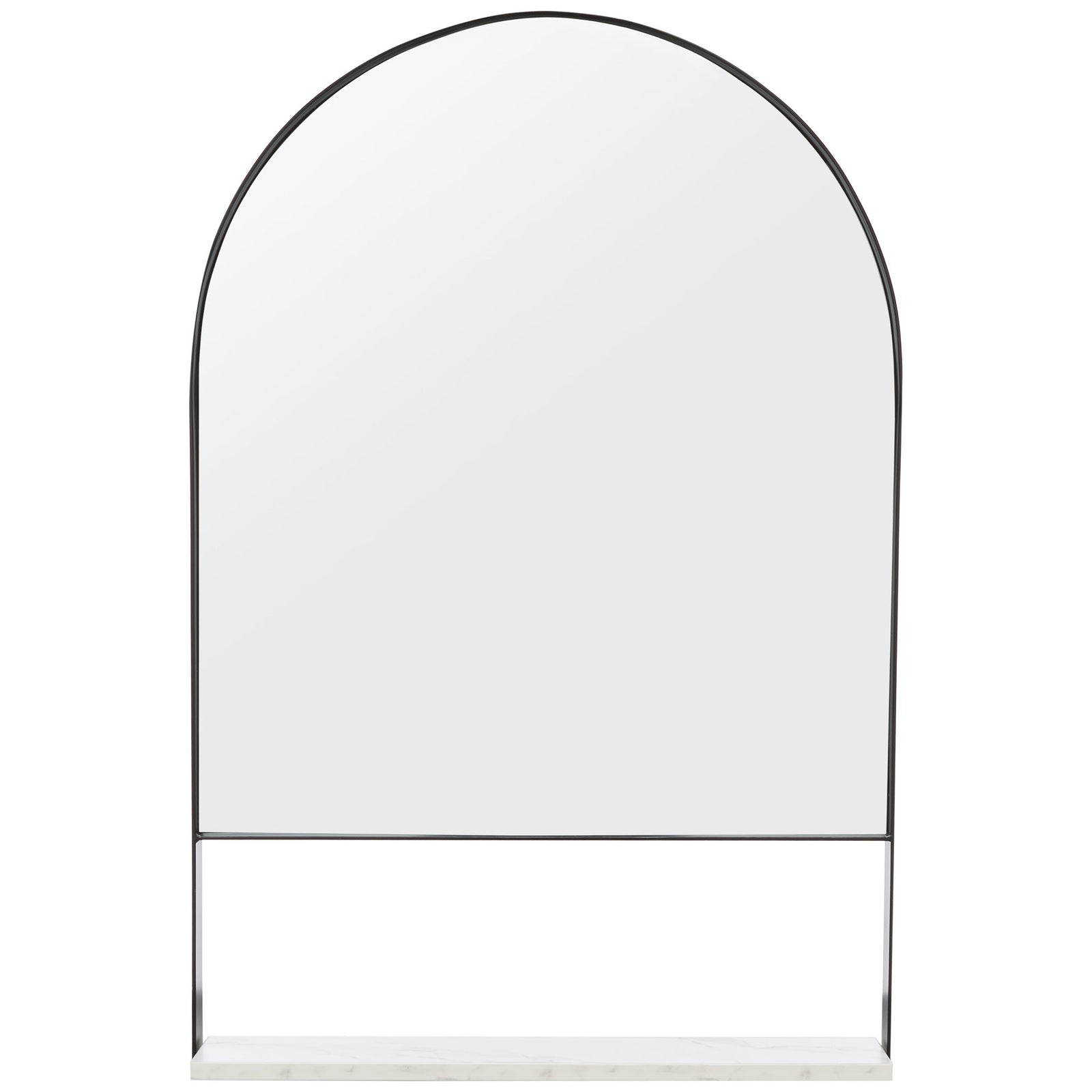 A black metal frame surrounds the arched mirror, with a white display shelf beneath. || MRR2009C || front_studio