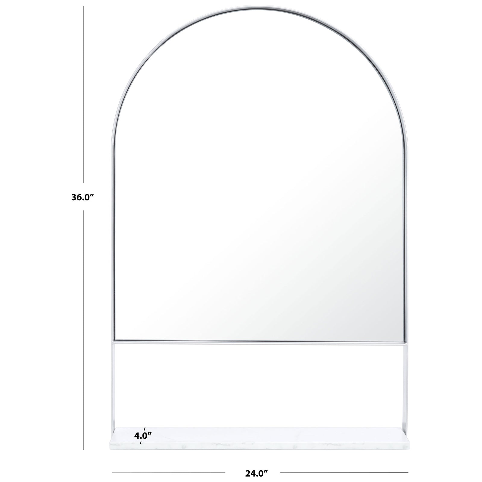 The silver-framed arched mirror measures 24 inches wide, 36 inches high, and 4 inches deep. || MRR2009D || dimension_studio