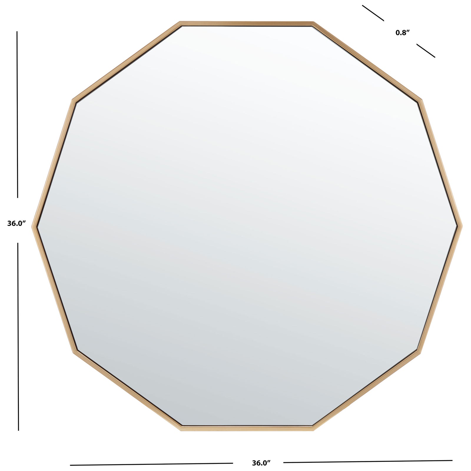 Brass-framed mirror measures 36 inches high and wide with a slender 0.8-inch depth || MRR2010A || dimension_studio