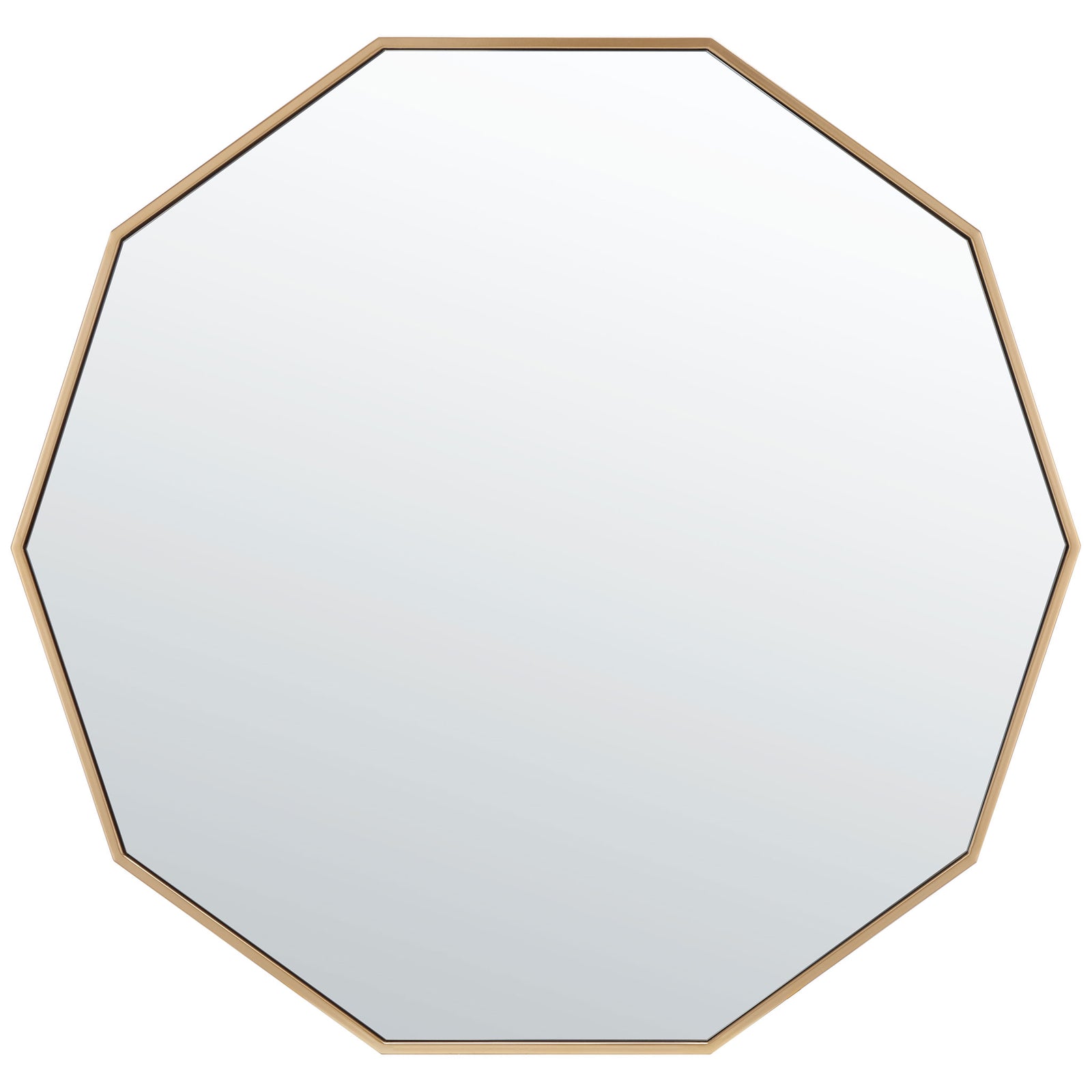 Warm brass-finished metal outlines a spacious ten-sided mirror with clean geometric lines || MRR2010A || front_studio