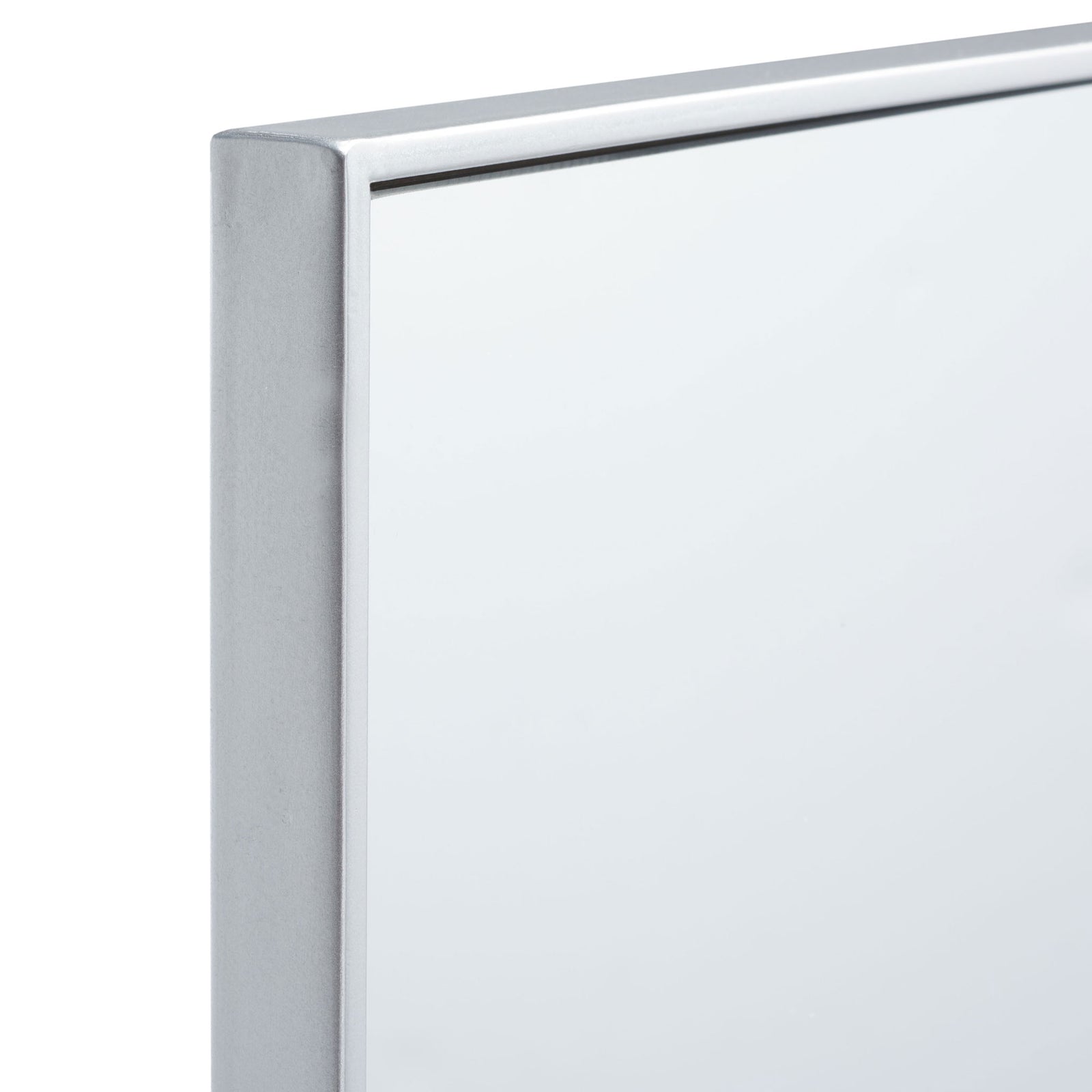 Smooth silver metal trim forms a clean corner around the mirror glass. || MRR2011B || detail_studio