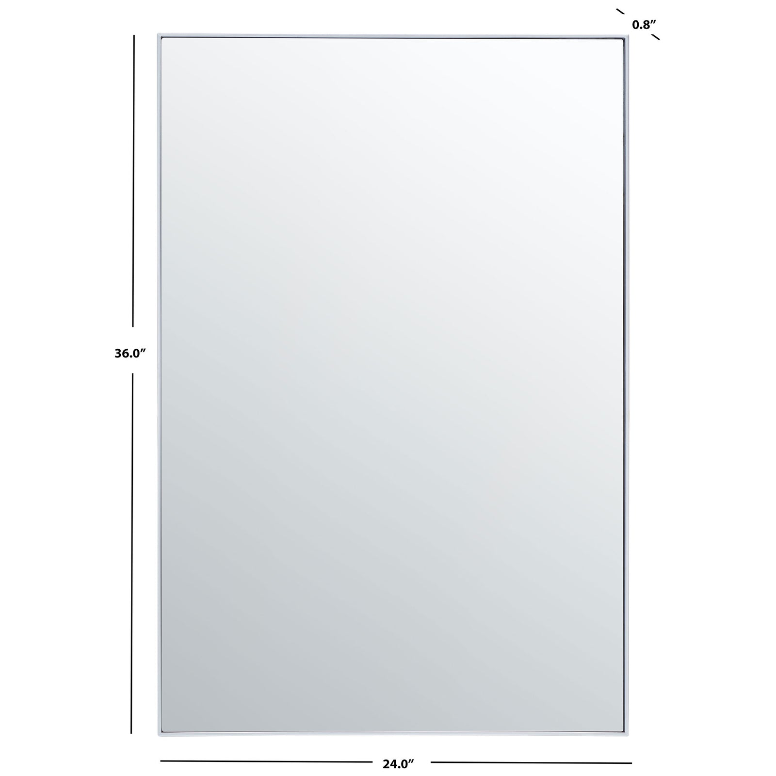 A silver-framed mirror measures 24 inches wide, 36 inches high and 0.8 inch deep. || MRR2011B || dimension_studio