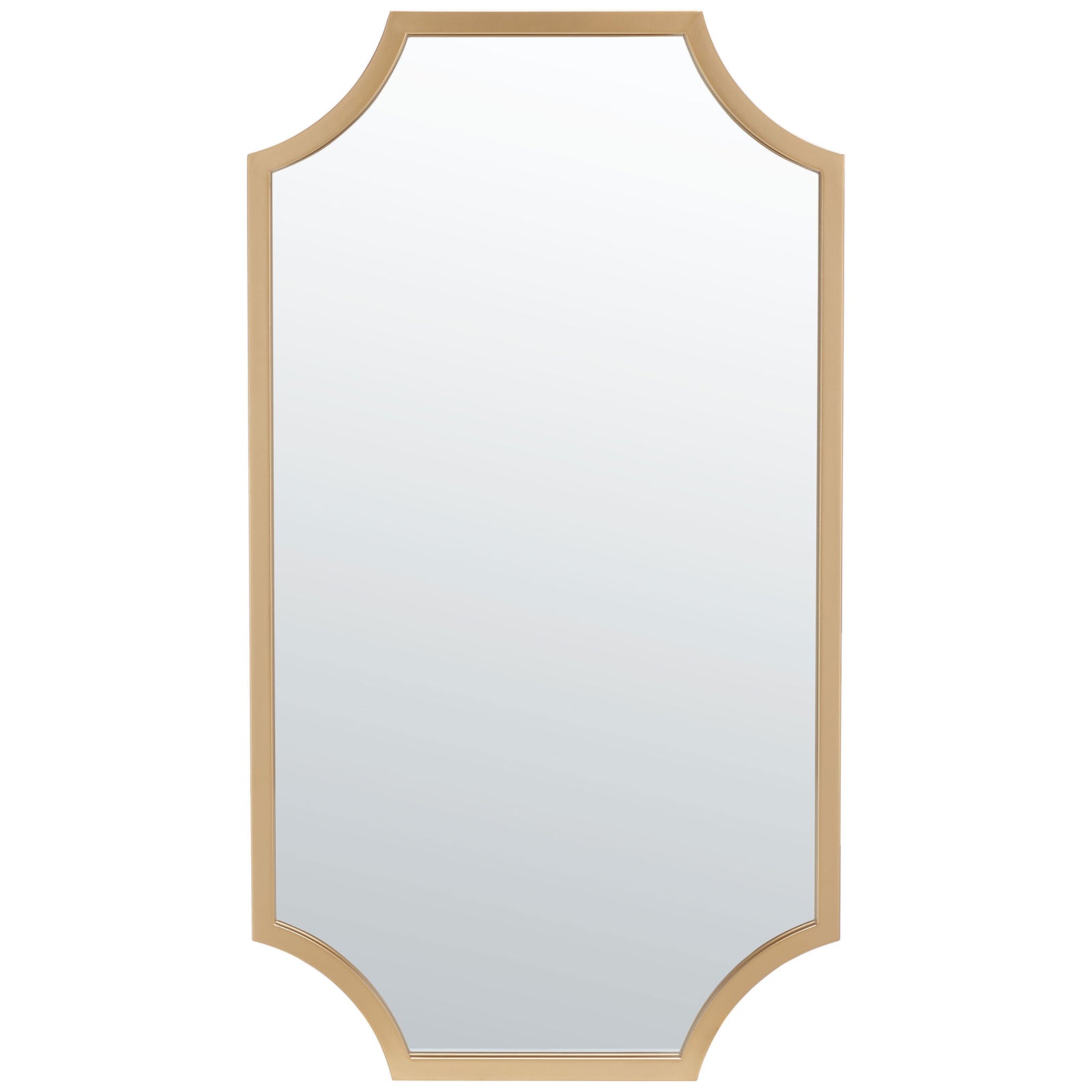 A tall mirror features a warm brass-finished frame and distinctive inward-curved corners. || MRR2012A || front_studio