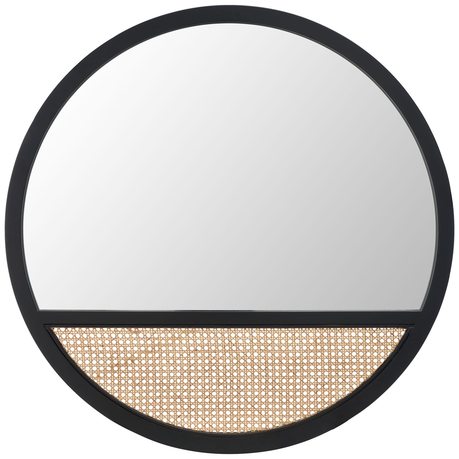 Round mirror pairs a black wood frame with a natural woven cane accent below the glass || MRR2013A || front_studio