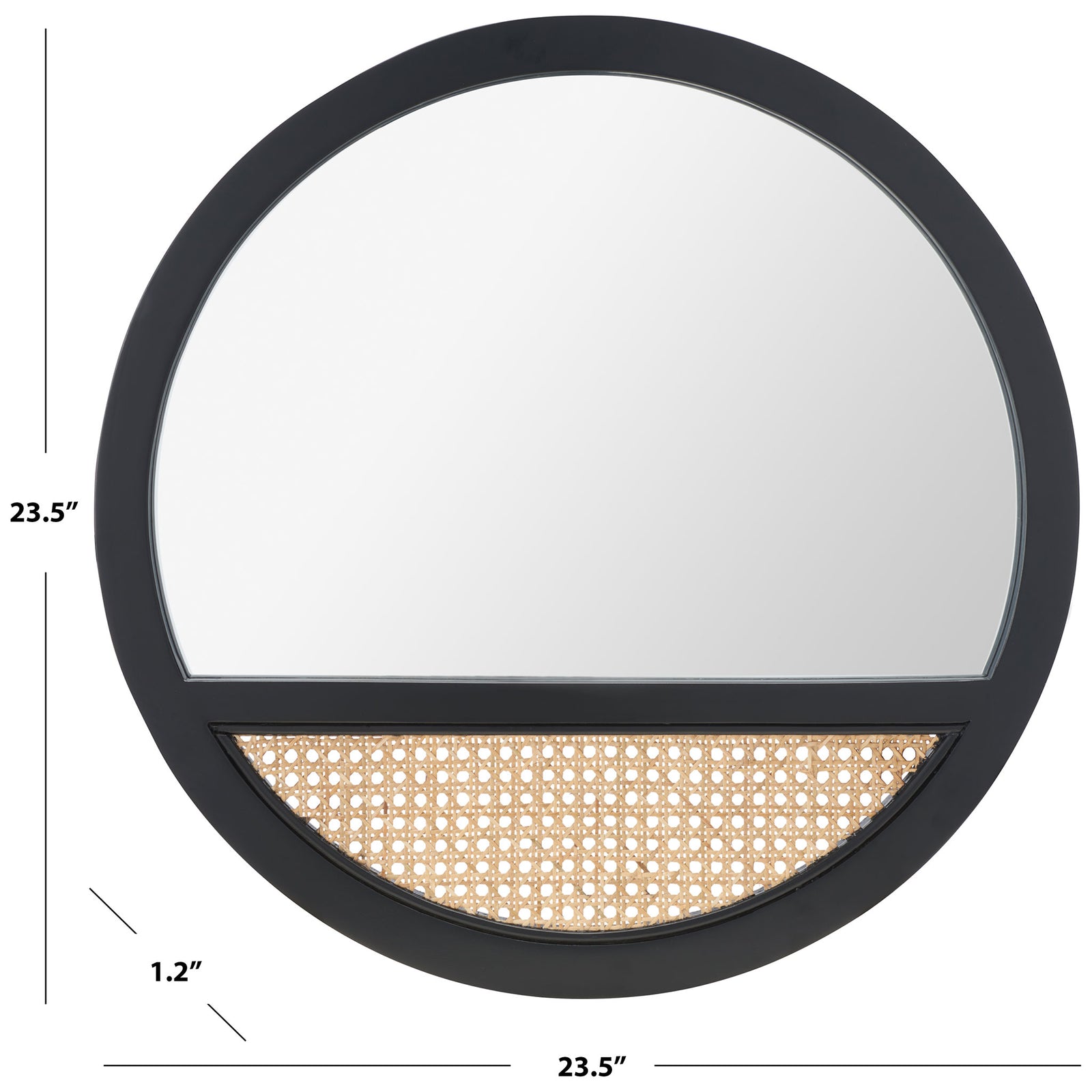 This 23.5-inch round mirror has a black wood frame, woven cane inset, and slim 1.2-inch depth. || MRR2014A || dimension_studio