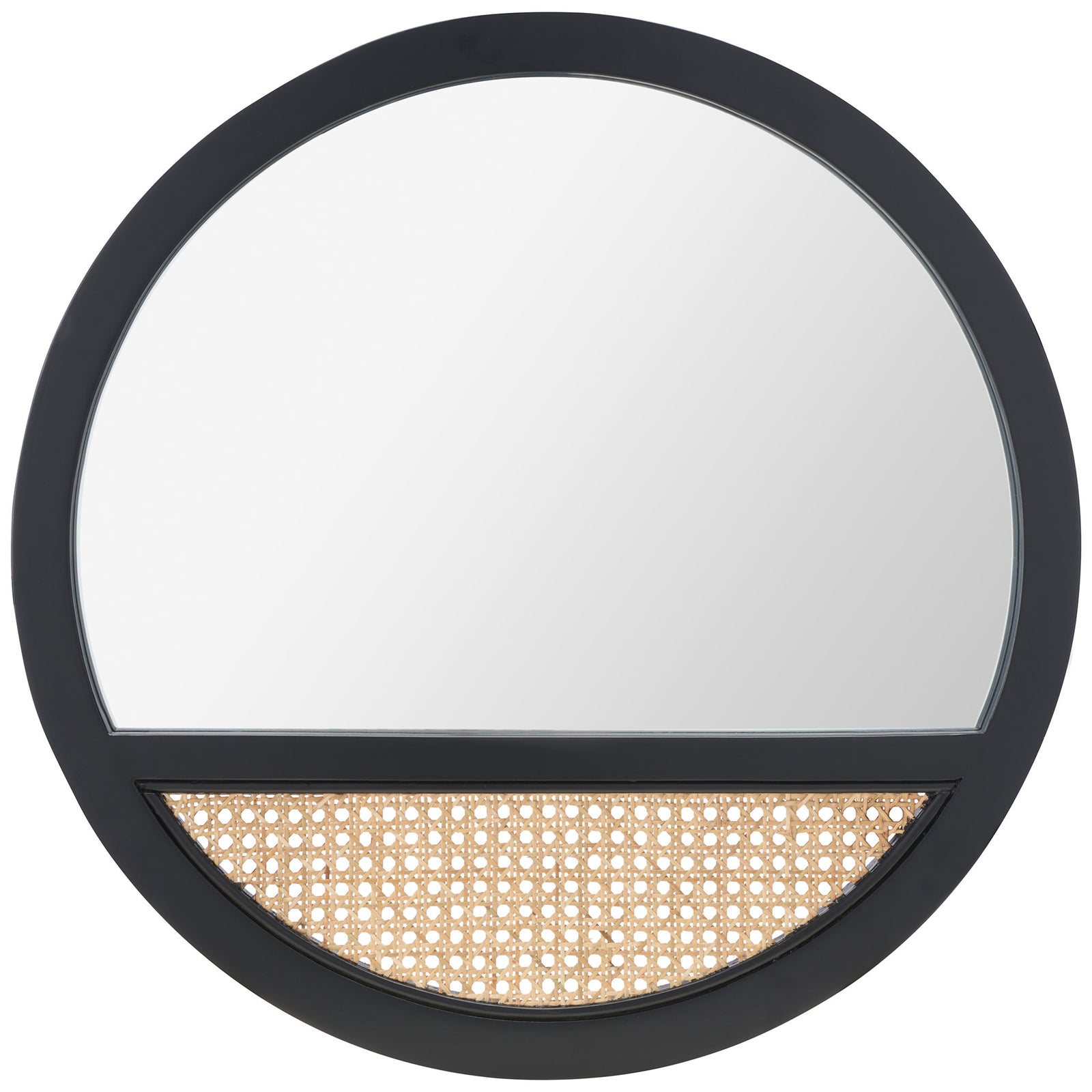 A round black wood mirror pairs a broad reflective surface with a natural woven cane inset. || MRR2014A || front_studio