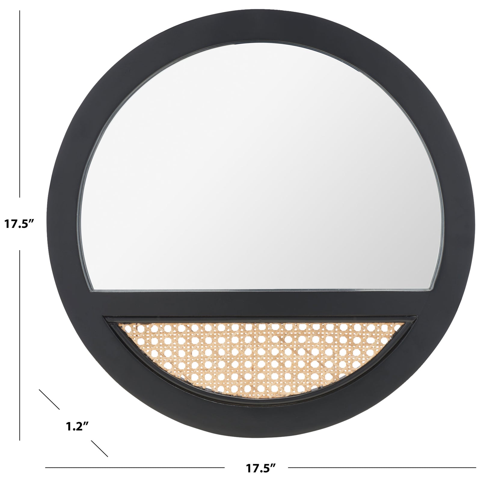 A 17.5-inch round black frame surrounds a mirror and a natural woven cane accent. || MRR2015A || dimension_studio