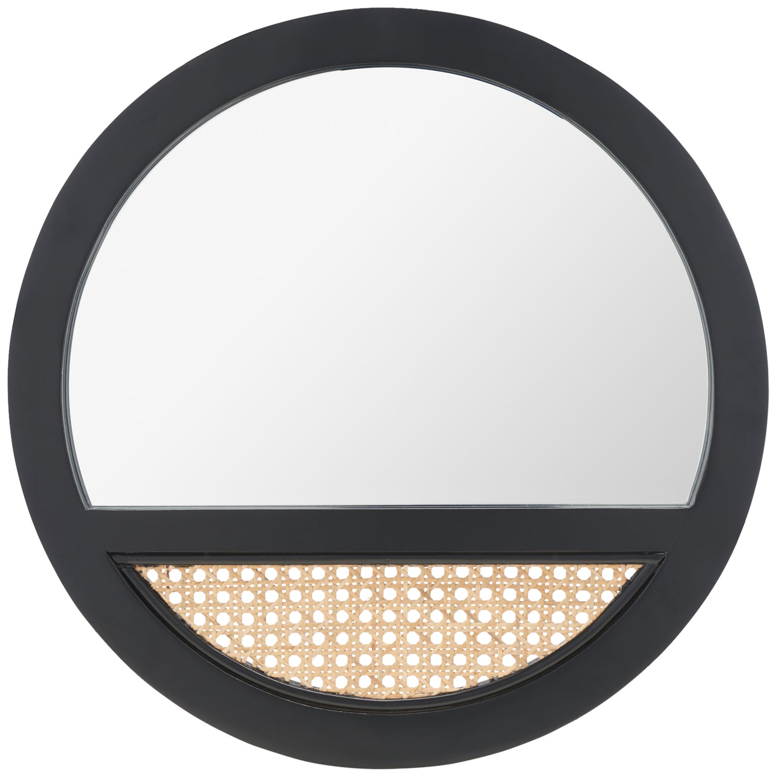 A round black wood frame pairs a broad mirror with a natural cane panel for striking contrast. || MRR2015A || front_studio