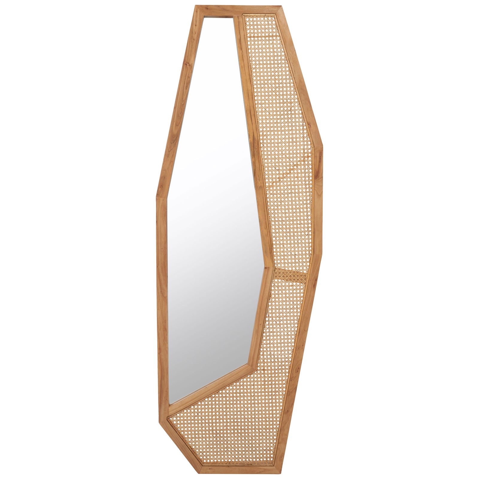 An asymmetrical natural wood frame surrounds reflective glass and a wide woven accent. || MRR2018B || front_studio