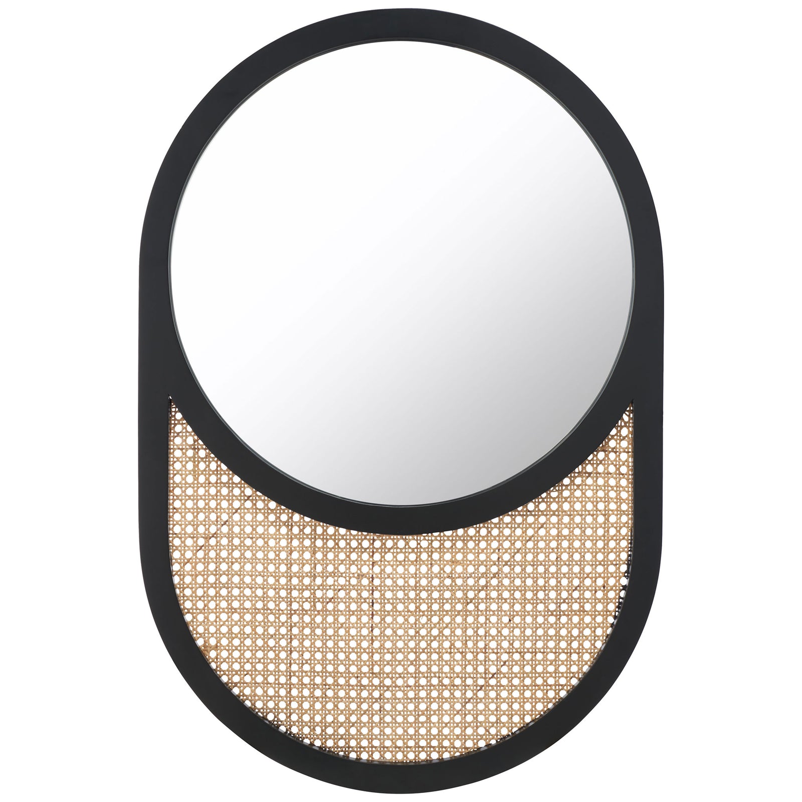 An elongated black wood frame pairs a round mirror with a natural woven cane accent. || MRR2019A || front_studio