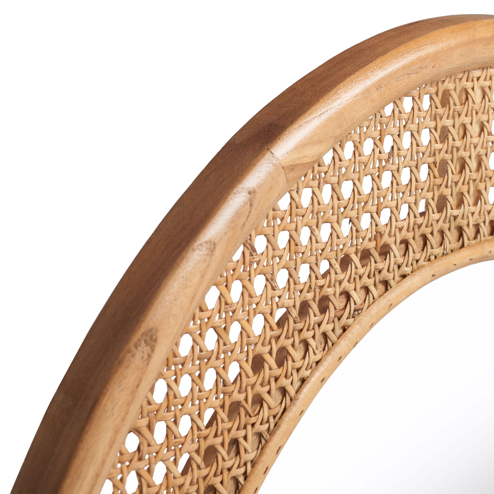 Honey-toned wood edging borders intricately woven cane around the mirror || MRR2020B || detail_studio