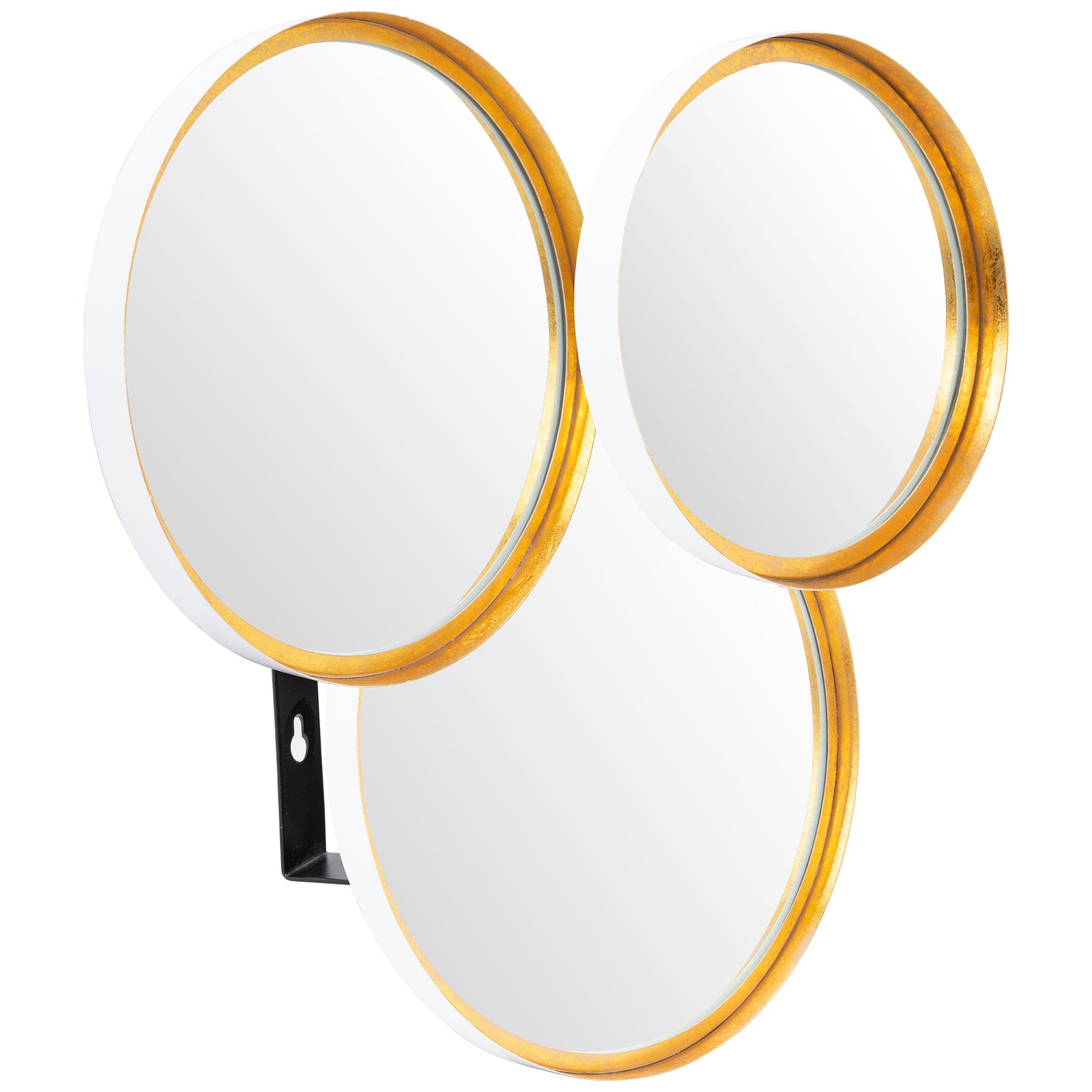 Slim white sides and gleaming gold rims frame three round mirrors in a layered wall arrangement. || MRR3002B || front_angle_studio