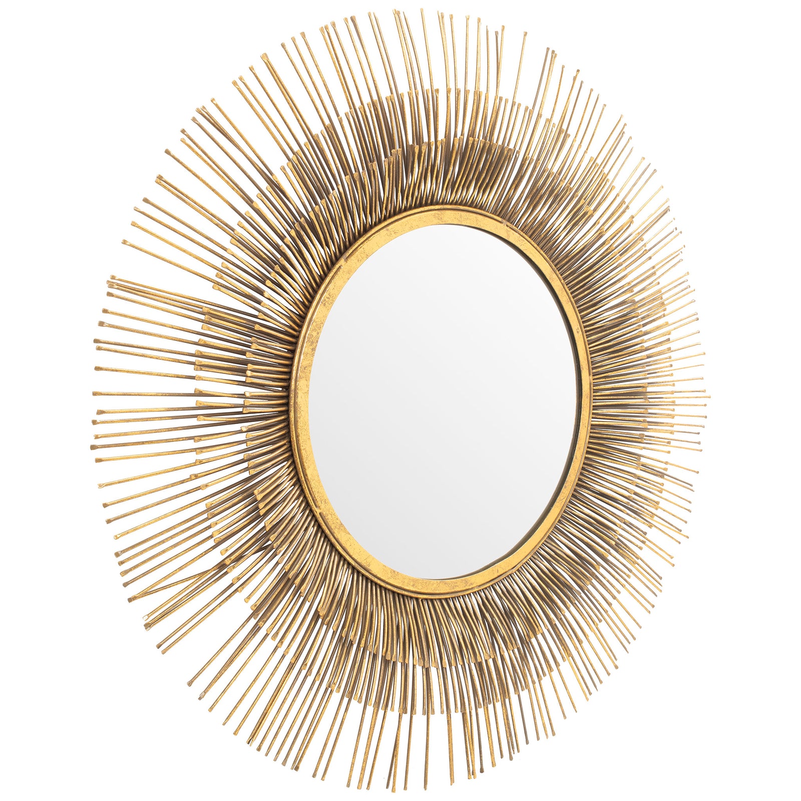 A raised gold rim and layered metal rays give the circular mirror sculptural depth. || MRR3012A || front_angle_studio