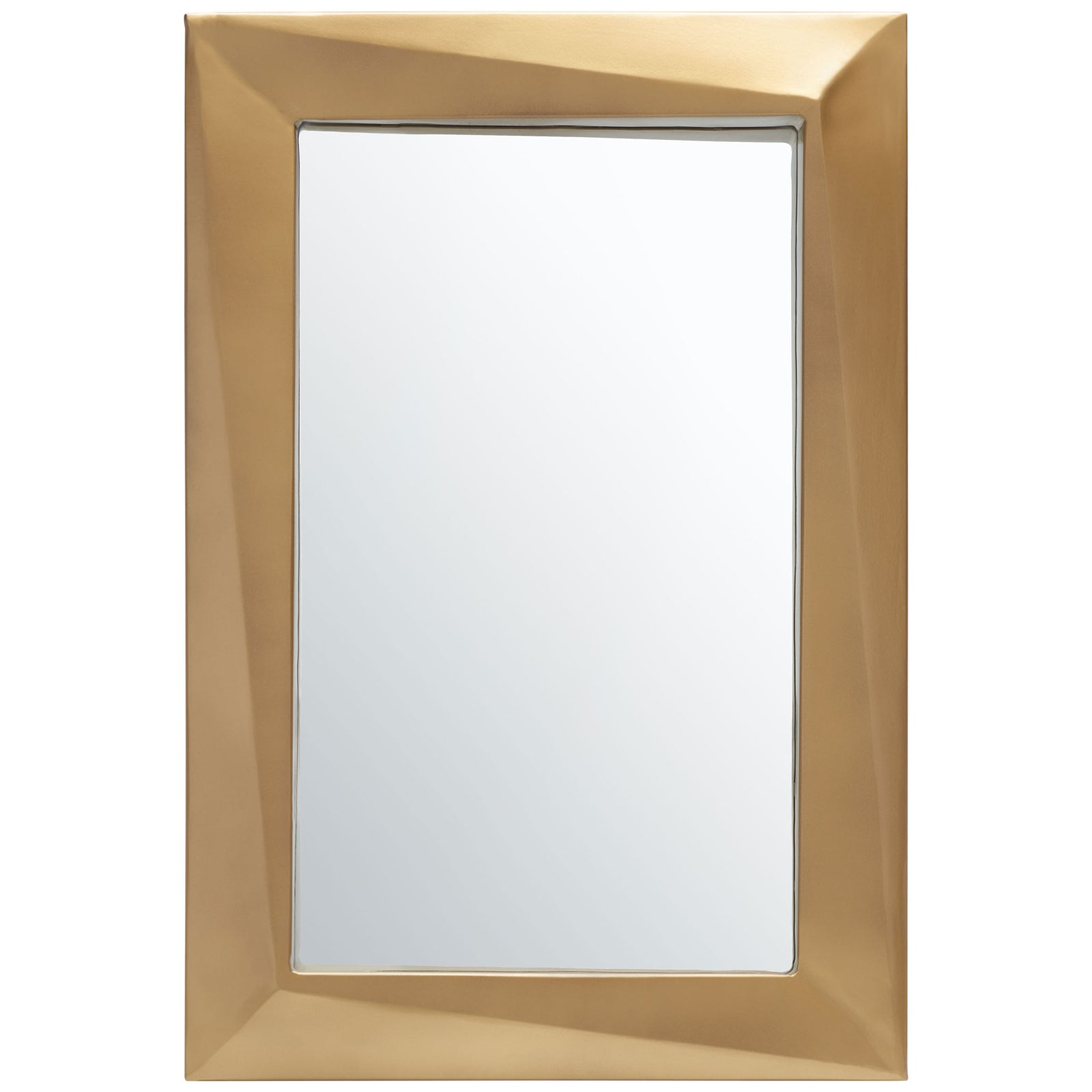 A rectangular mirror is surrounded by a bold, faceted antique brass frame. || MRR3041A || front_studio