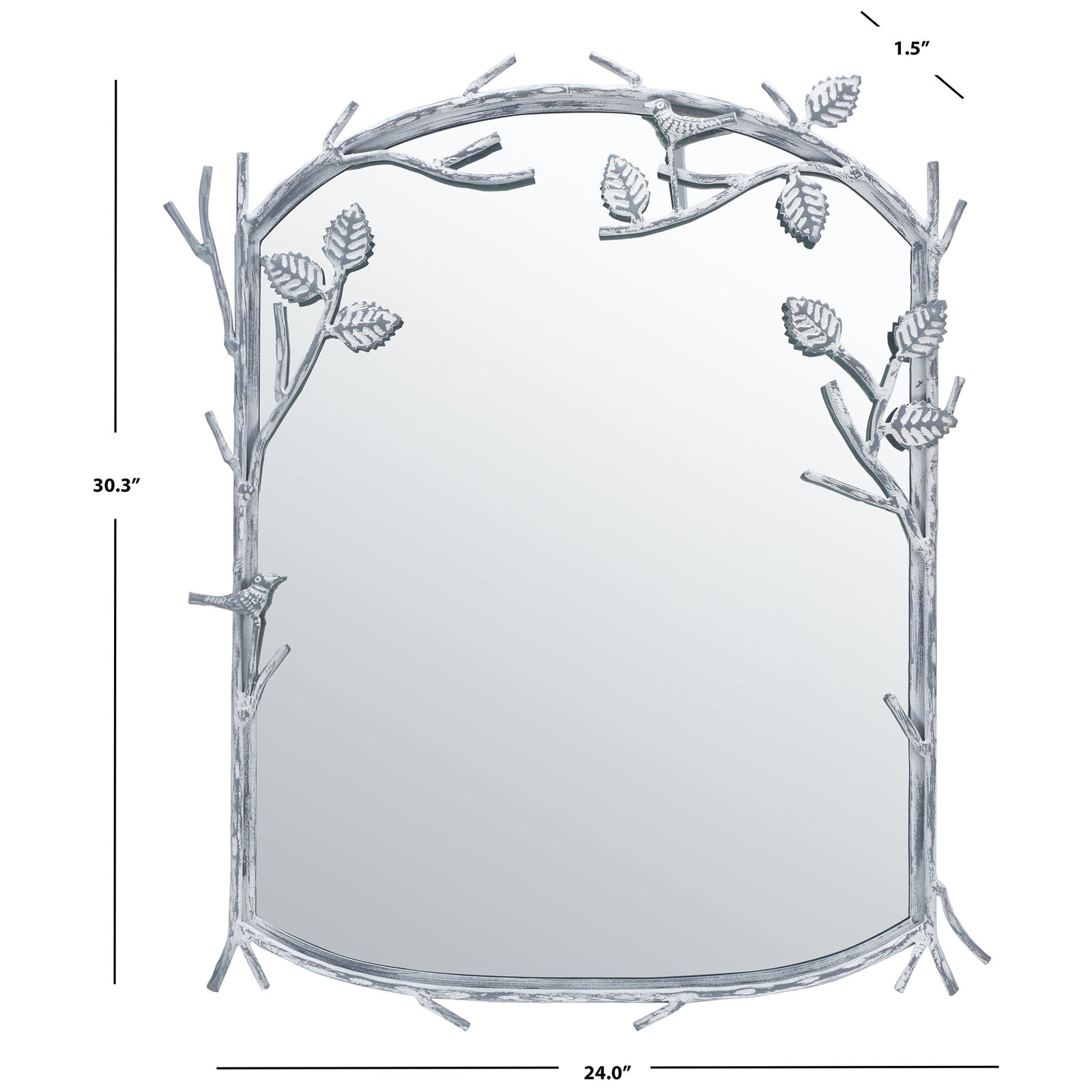 Silver branch-framed mirror measures 24 inches wide, 30.3 inches high, and 1.5 inches deep. || MRR3042A || dimension_studio