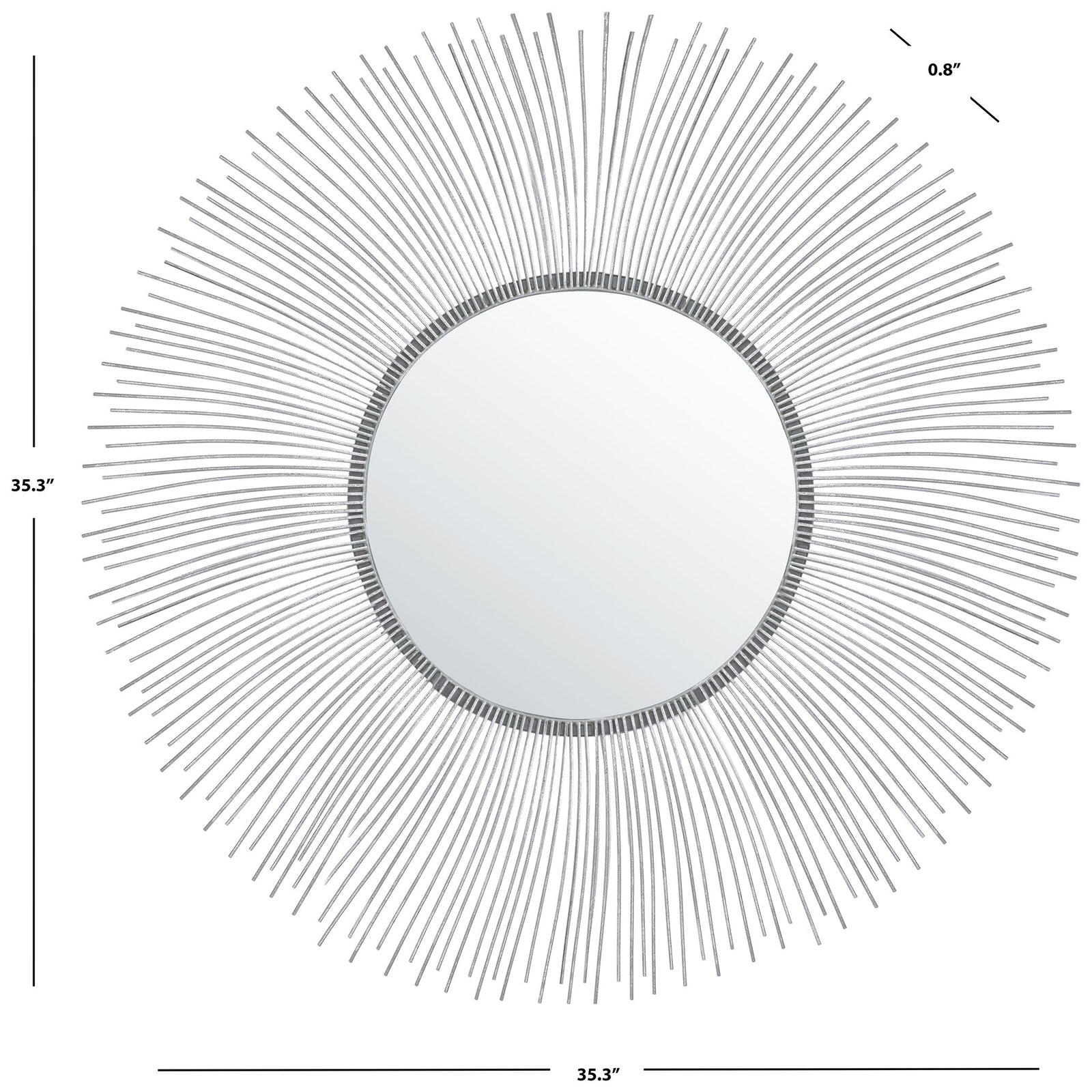 Sunburst mirror spans 35.3 inches, with silver rays surrounding its round center || MRR3045A || dimension_studio