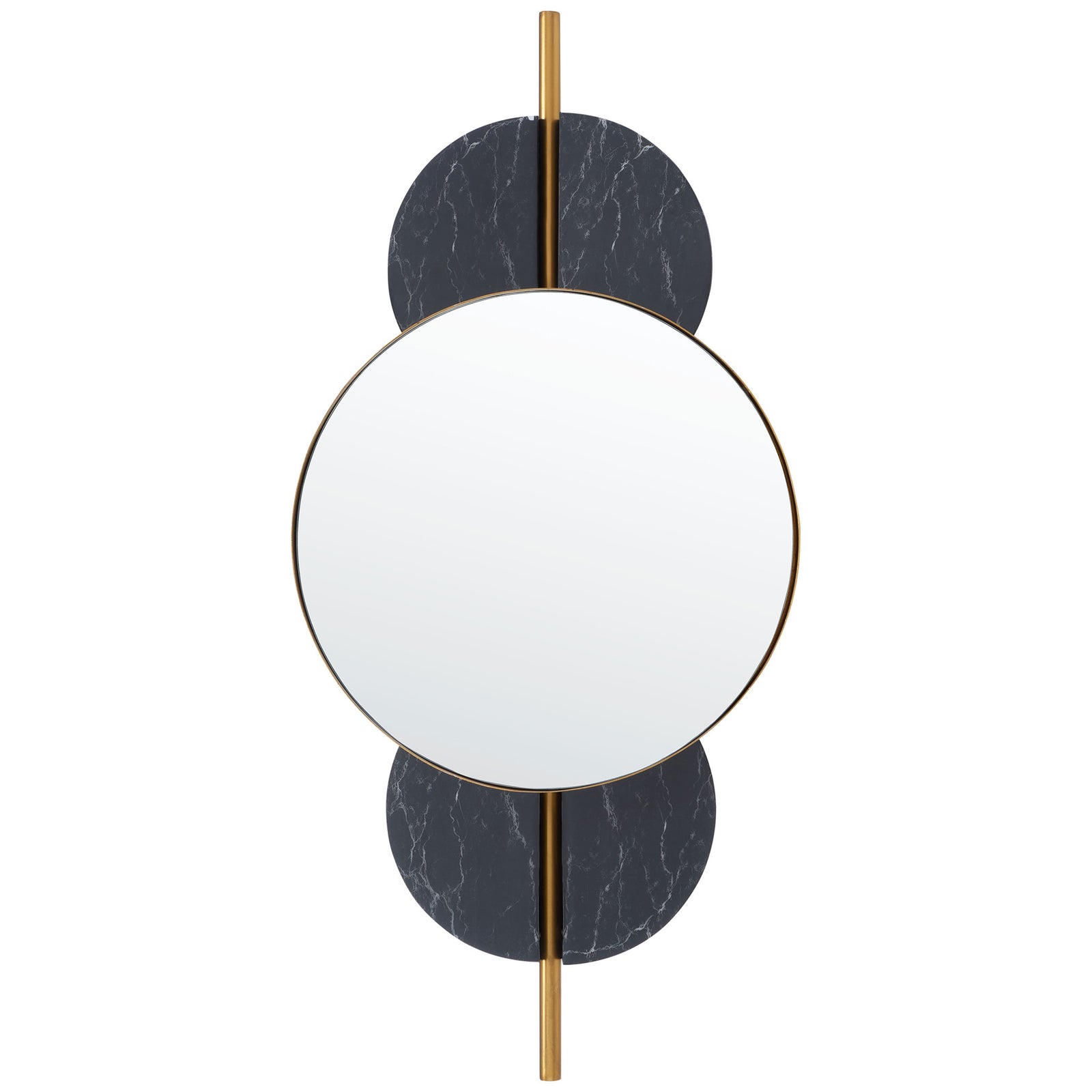 A round gold-rimmed mirror sits between black marble-look discs on a slender gold bar || MRR3048B || front_studio