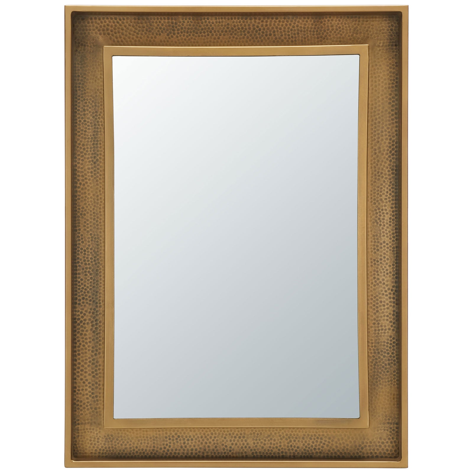 Rectangular mirror pairs a wide, hammered brass-finished frame with a smooth inner border. || MRR3049A || front_studio