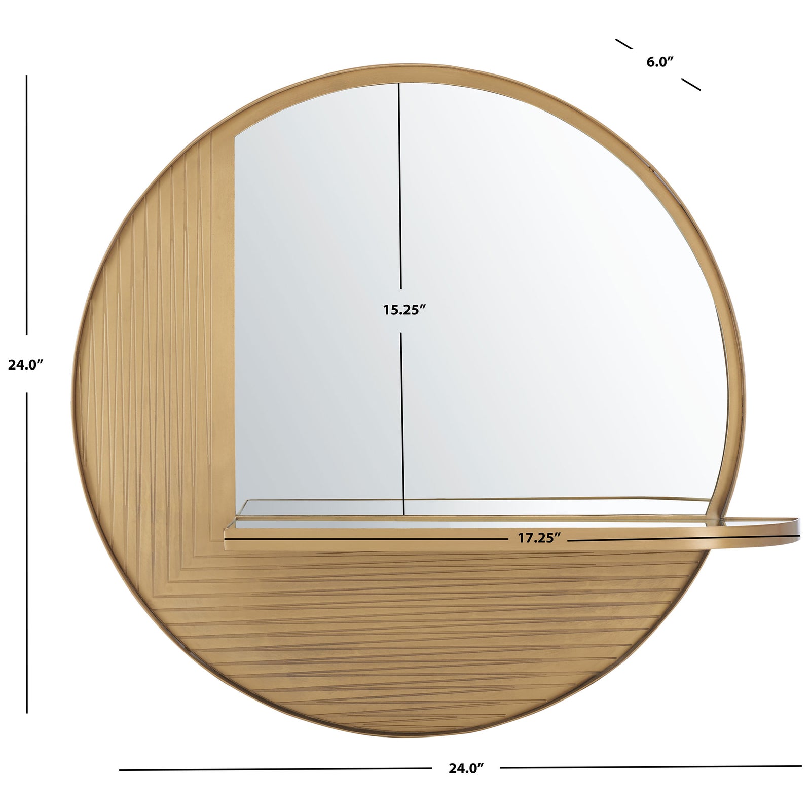 This 24-inch round mirror has a 6-inch depth, textured brass accents, and an integrated shelf. || MRR3050A || dimension_studio