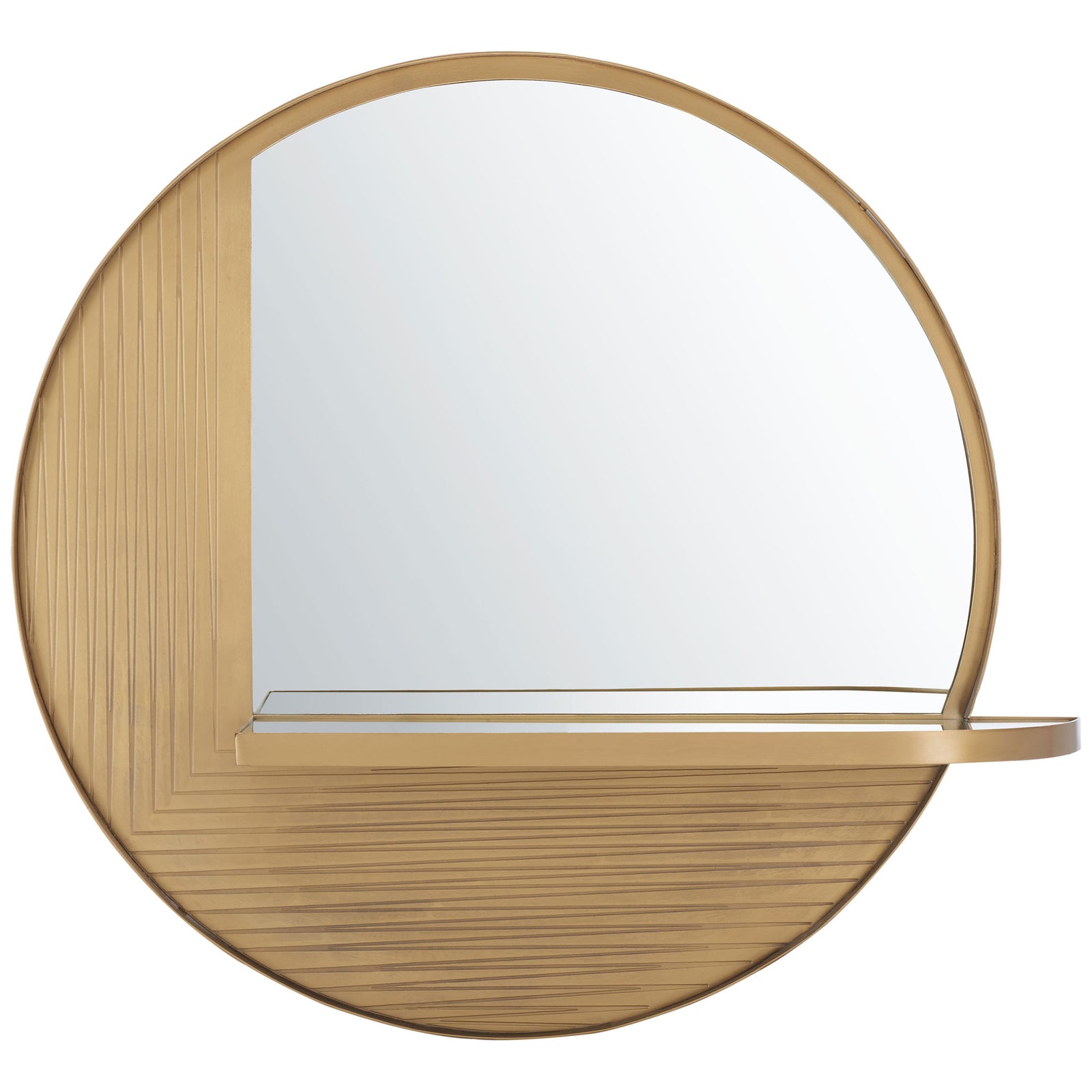 Round wall mirror pairs reflective glass with ribbed brass detailing and a slender display shelf. || MRR3050A || front_studio
