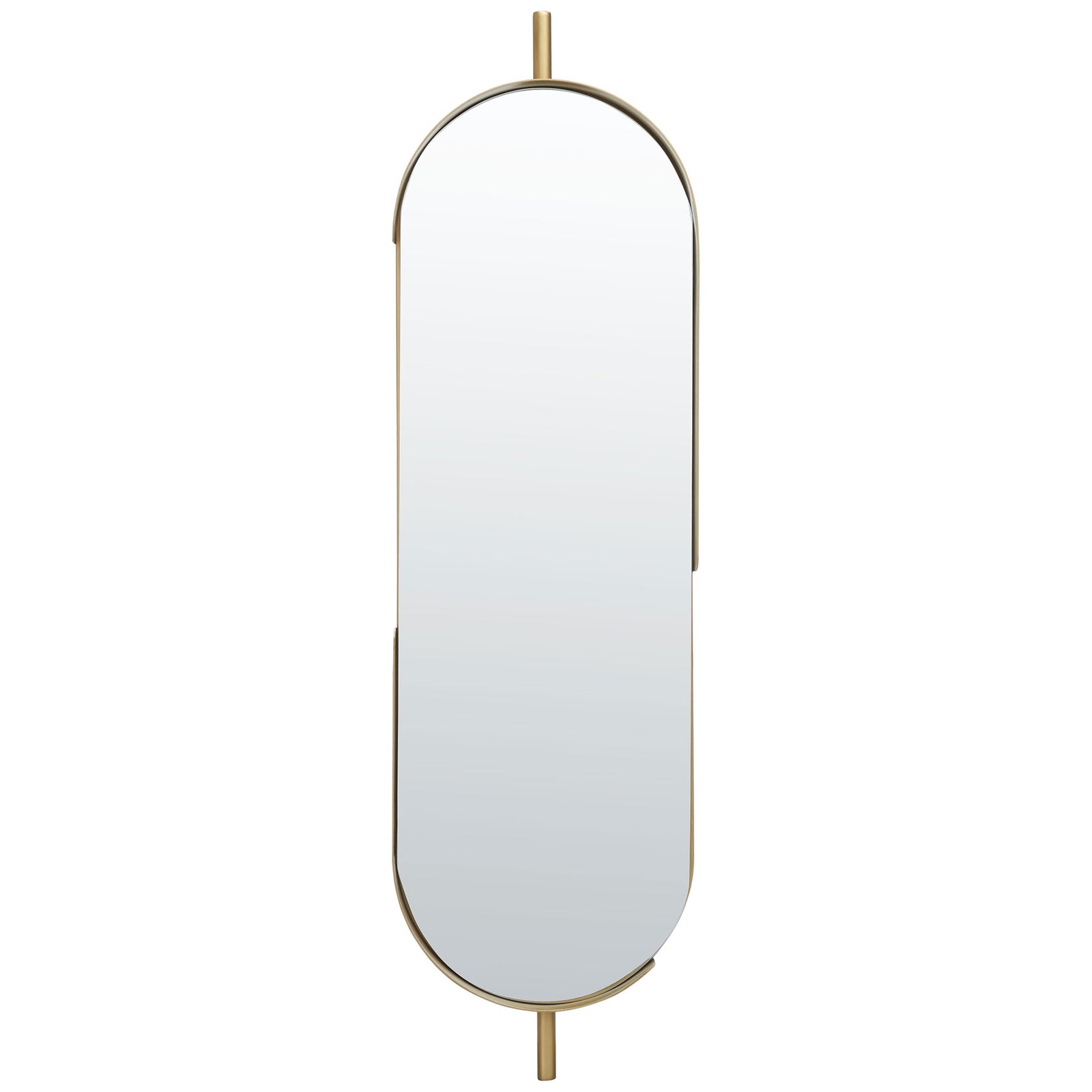 A slender, rounded mirror pairs reflective glass with a brass-toned frame and decorative end accents. || MRR3051A || front_studio