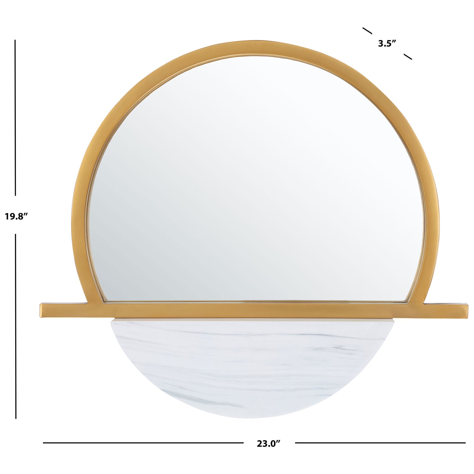 Gold arched mirror measures 23 inches wide and features a white marble-look lower accent || MRR3056A || dimension_studio