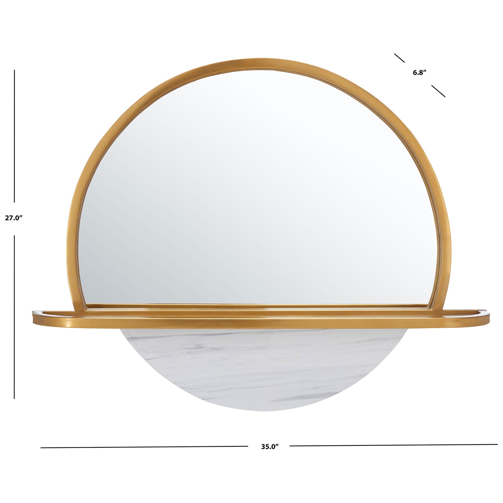 A 35-inch-wide gold-framed mirror pairs an arched design with a slim display shelf || MRR3057A || dimension_studio