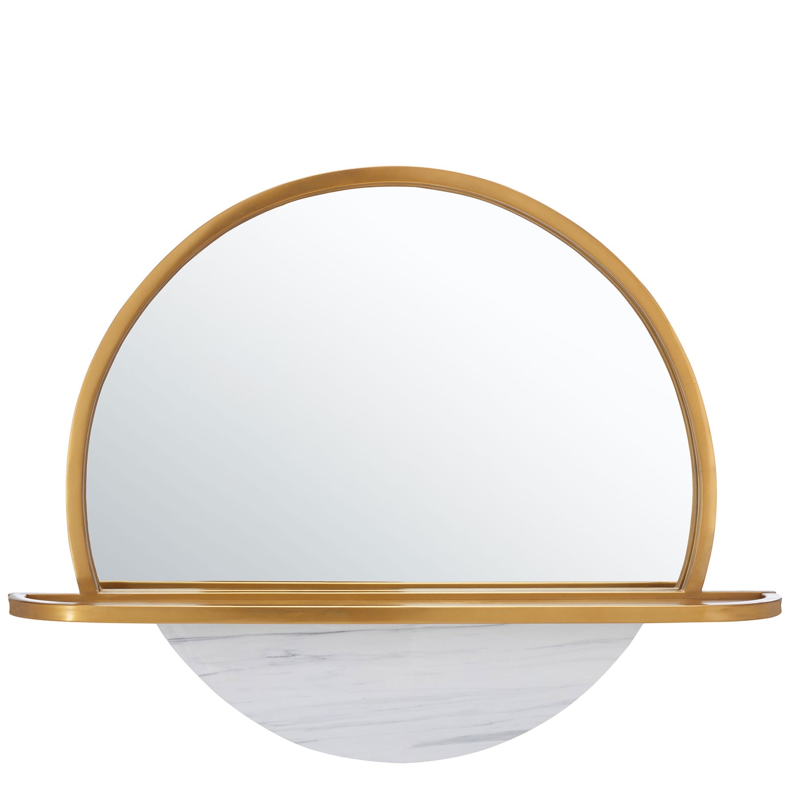 Gold-framed arched mirror pairs a slim display shelf with a white marble-look lower panel || MRR3057A || front_studio