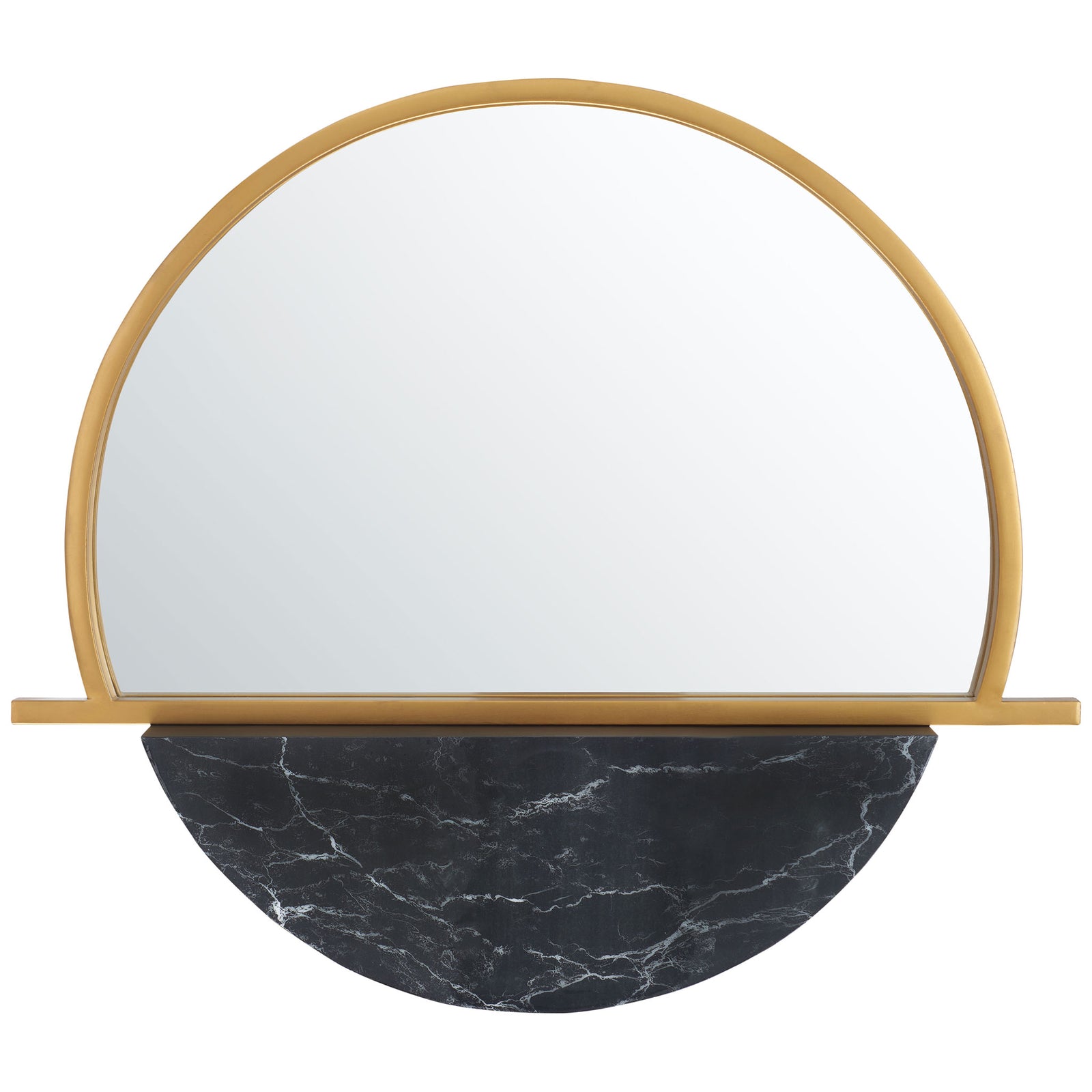A sweeping gold arch and slim horizontal bar frame the mirror above a black marble-look semicircle || MRR3058A || front_studio