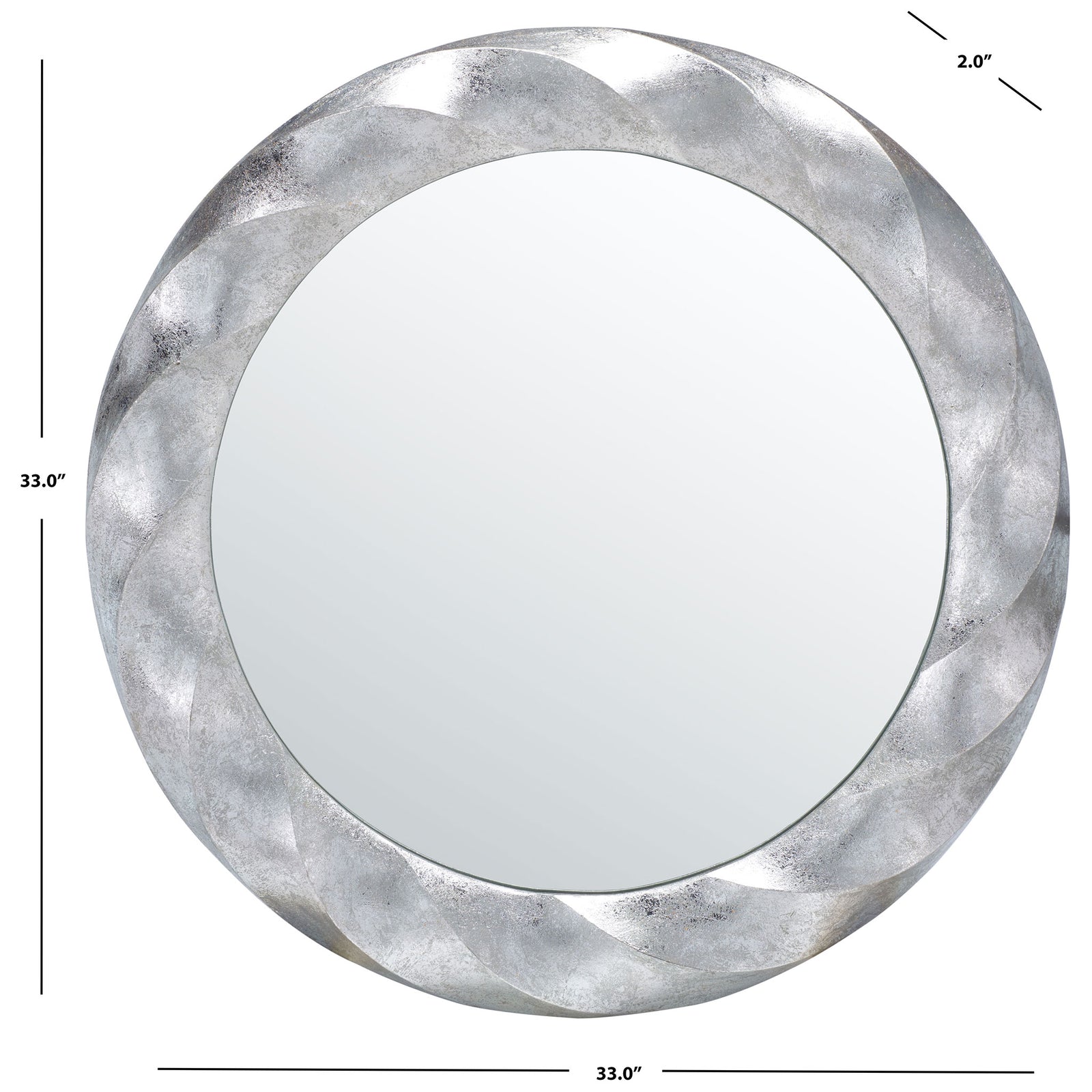 A round silver-framed mirror measures 33 inches across and 2 inches deep. || MRR3059A || dimension_studio