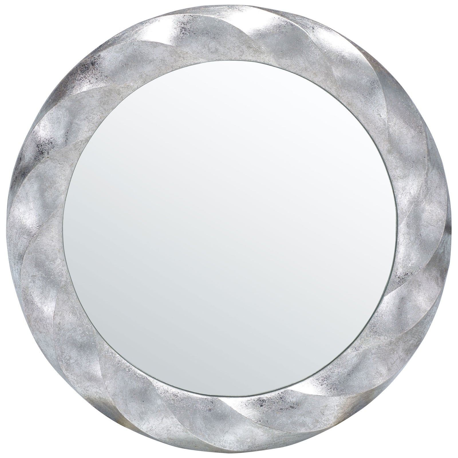 A round mirror shines within a wide silver frame of sweeping, sculpted bands. || MRR3059A || front_studio
