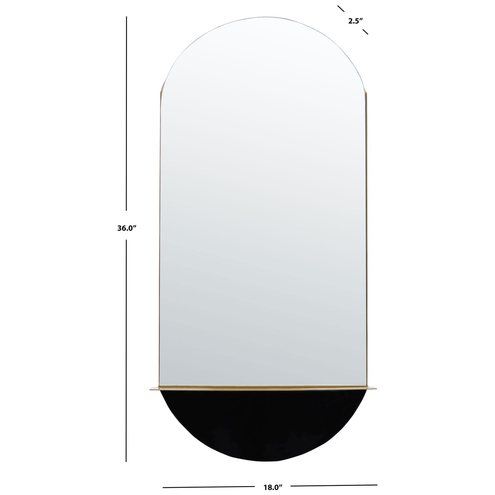 The 18-inch-wide, 36-inch-tall arched mirror pairs a brass ledge with a black semicircular base || MRR3063A || dimension_studio
