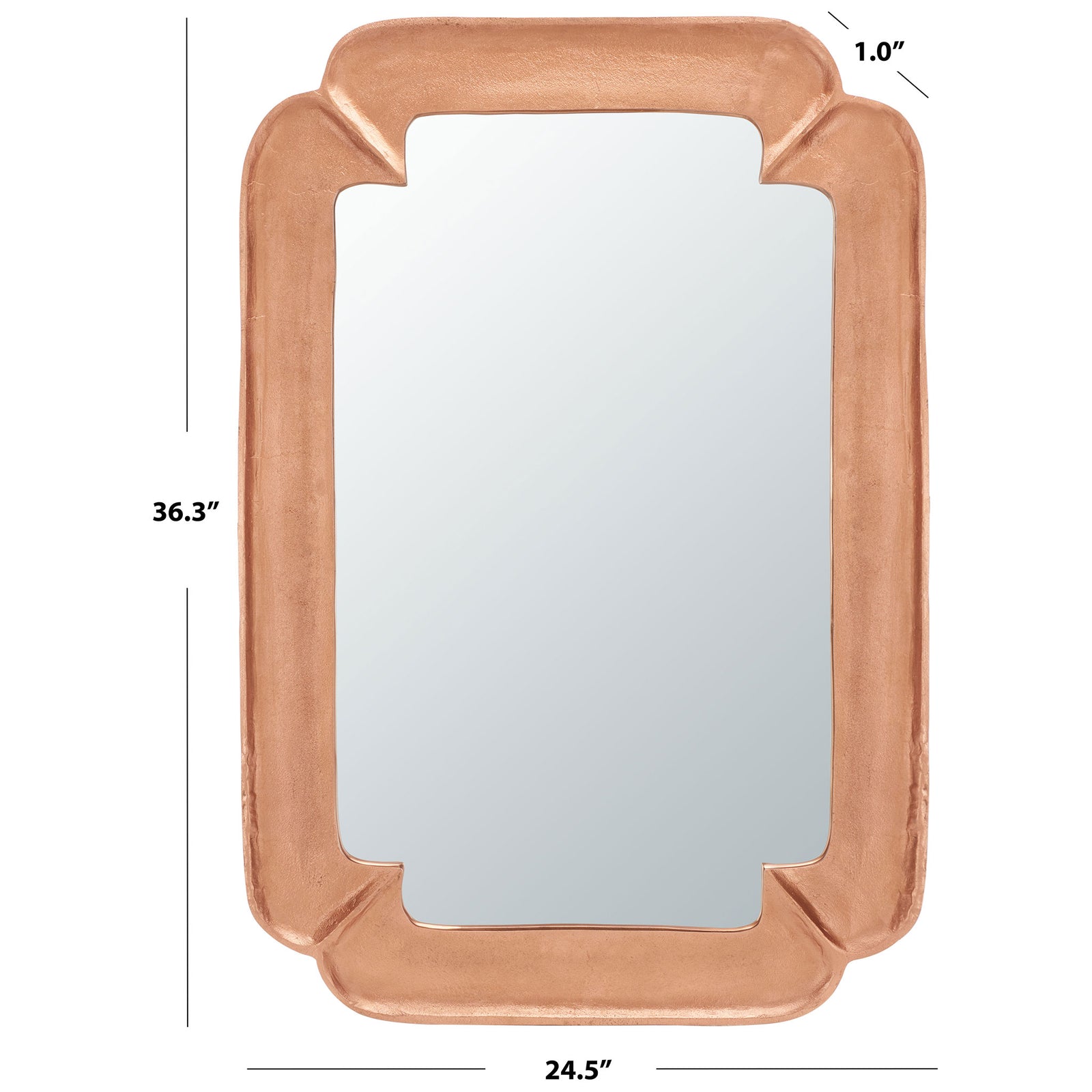 A copper-finish wall mirror measures 24.5 inches wide and 36.3 inches tall. || MRR3066A || dimension_studio