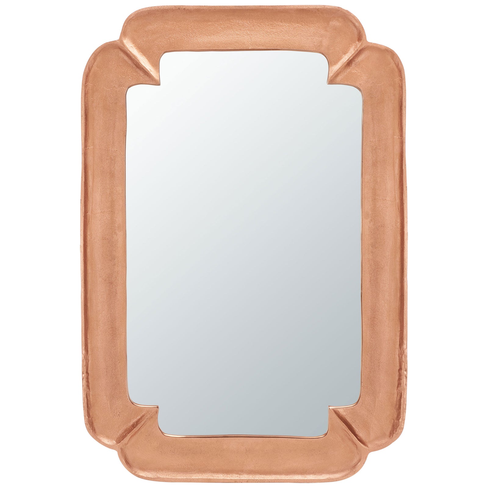 A rectangular mirror features a copper-finish frame with rounded edges and sculpted corners. || MRR3066A || front_studio