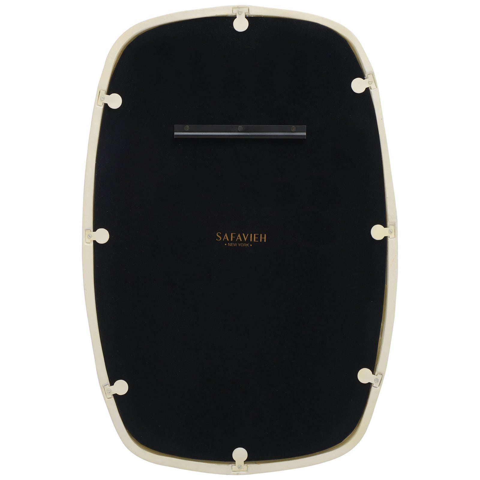 Black backing with keyhole slots and a mounting bar supports the ivory-framed mirror. || MRR3068A || back_studio