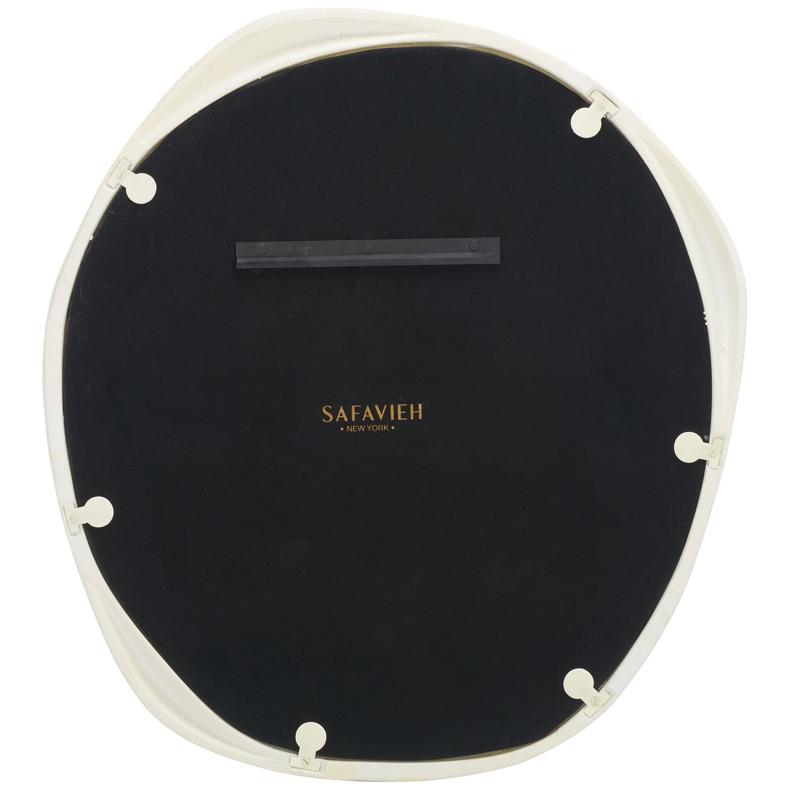 A dark backing with a hanging bracket and securing tabs supports the ivory-framed mirror. || MRR3069A || back_studio