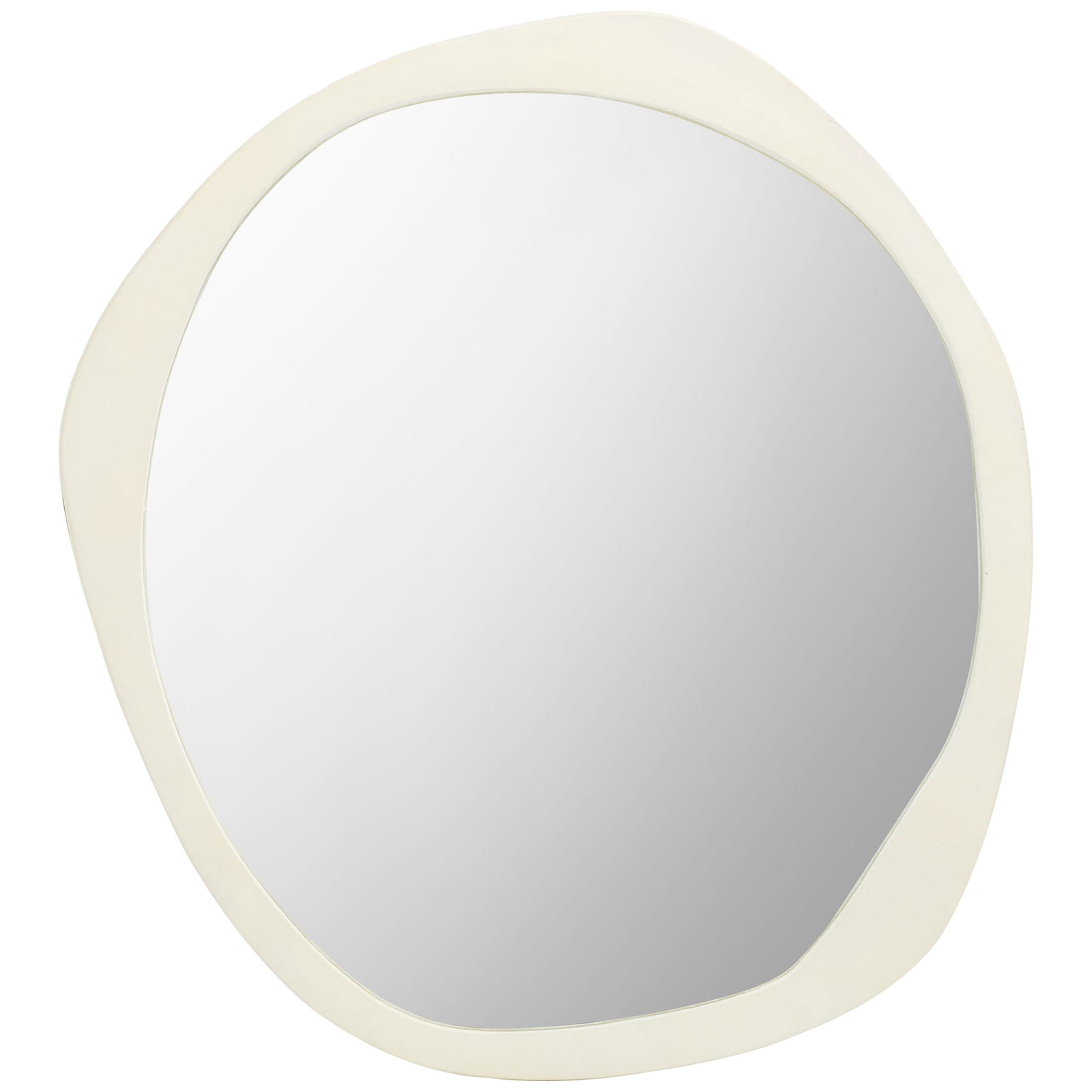 An asymmetrical ivory frame surrounds a smooth, reflective mirror surface. || MRR3069A || front_studio