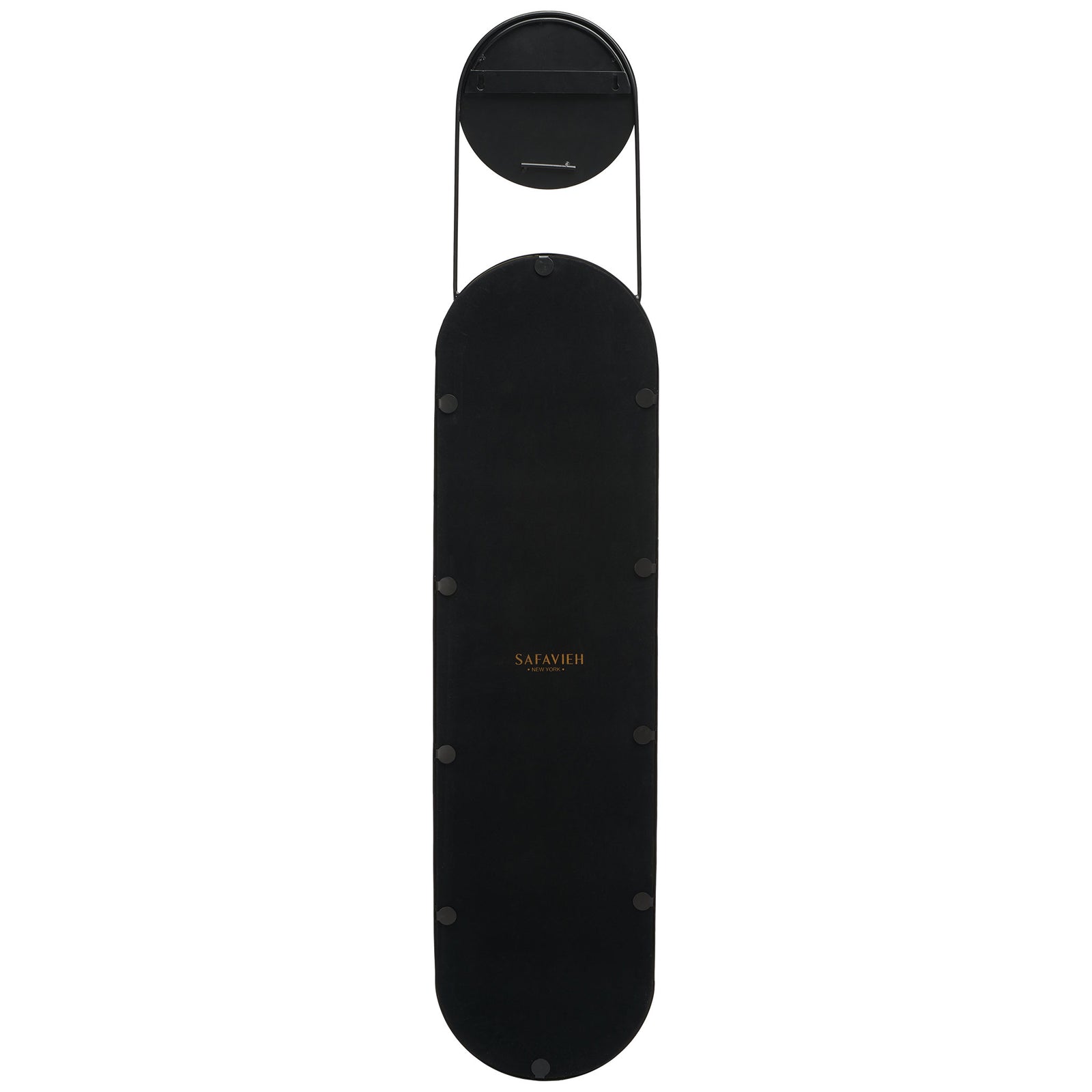 Matte black backing and slender metal supports connect the rounded mirror to its circular top accent. || MRR3072A || back_studio
