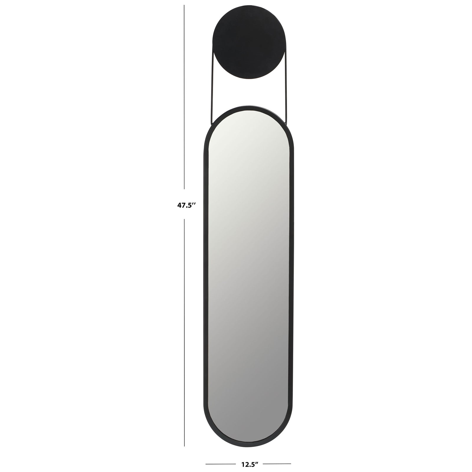 At 12.5 inches wide and 47.5 inches tall, this slim mirror features rounded ends and a circular top accent. || MRR3072A || dimension_studio