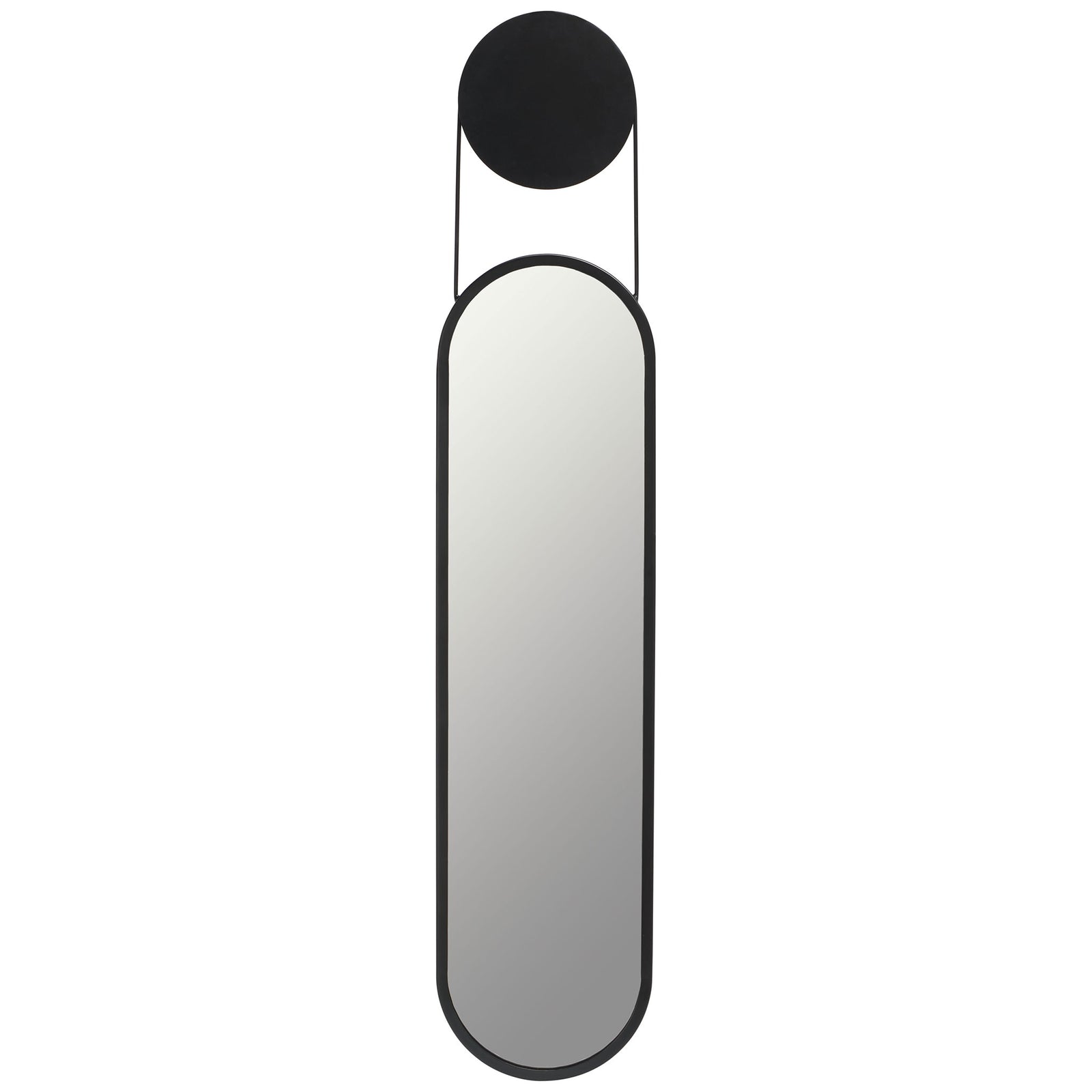 An elongated mirror in a slim matte black frame is linked to a round metal accent by slender rods. || MRR3072A || front_studio