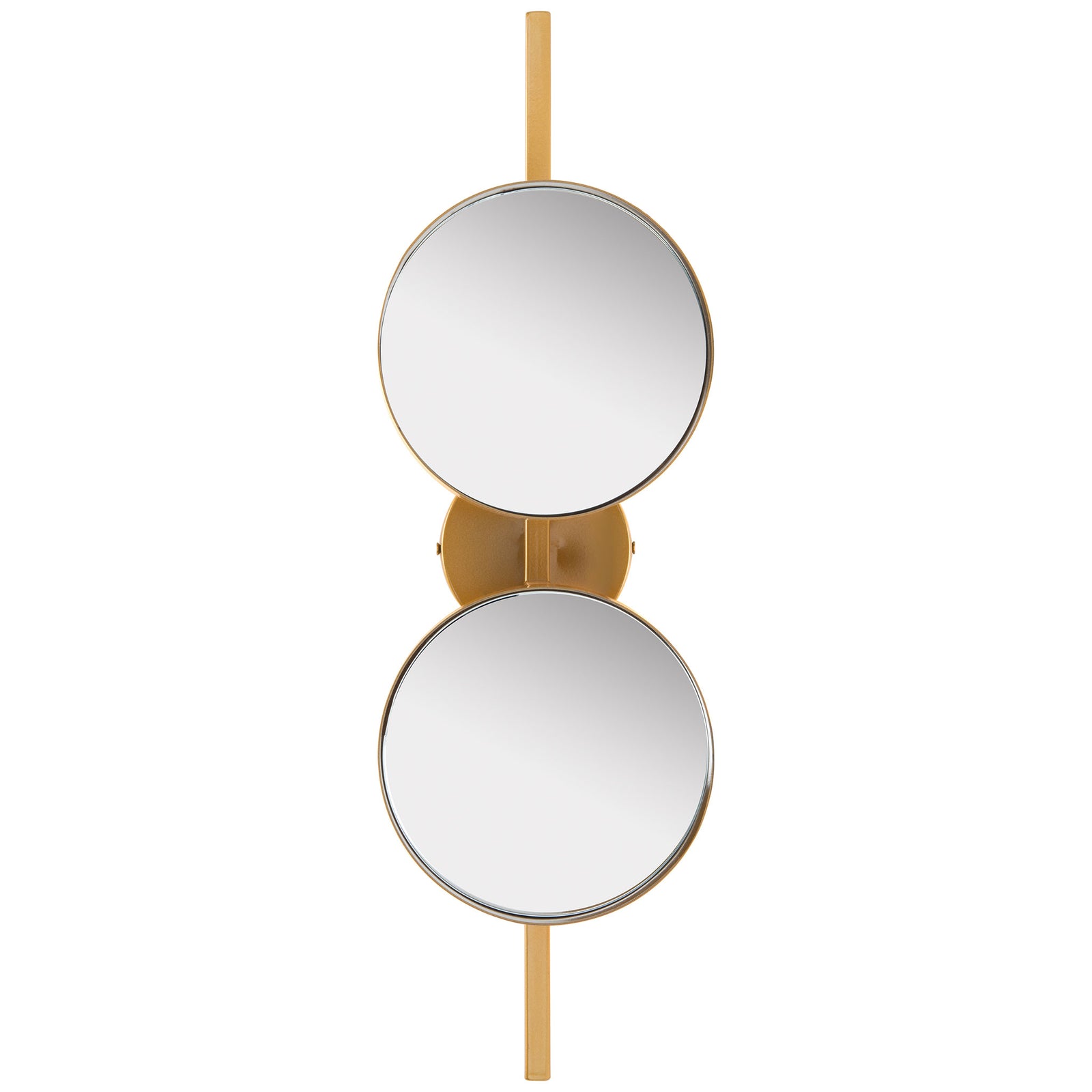 Stacked circular mirrors and a slim gold bar create an elegant vertical wall accent. || MRR3073A || front_studio